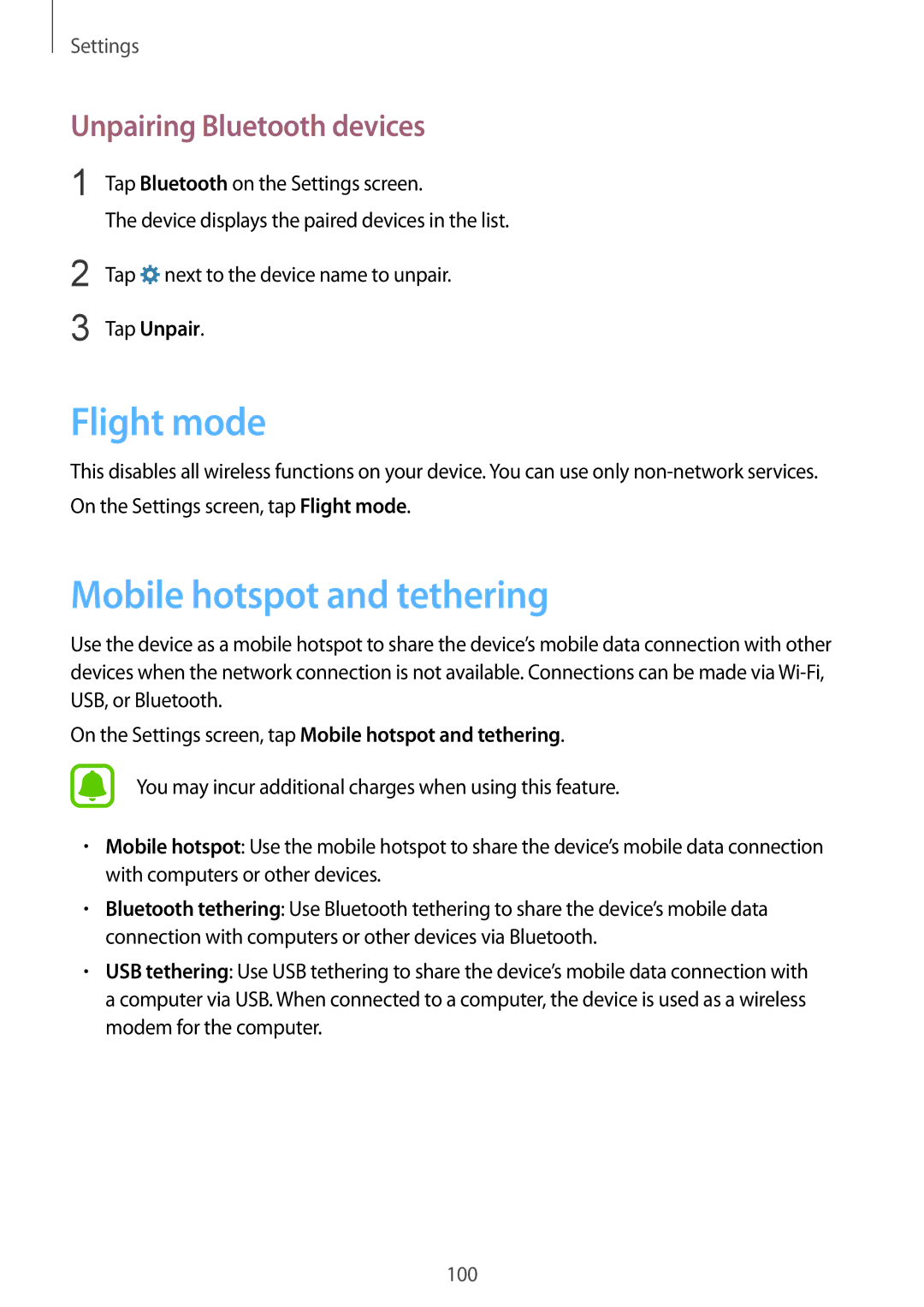 Samsung SM-G920FZBAXXV, SM-G920FZKFDBT Flight mode, Mobile hotspot and tethering, Unpairing Bluetooth devices, Tap Unpair 