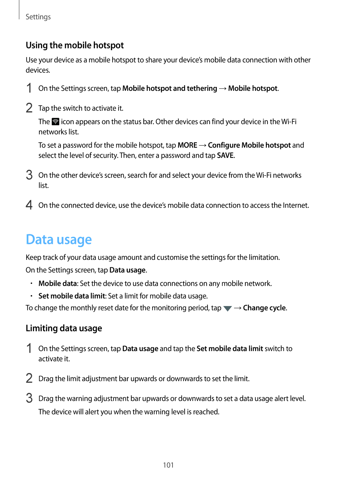 Samsung SM-G920FZDAXXV, SM-G920FZKFDBT, SM-G920FZKEDBT manual Data usage, Using the mobile hotspot, Limiting data usage 