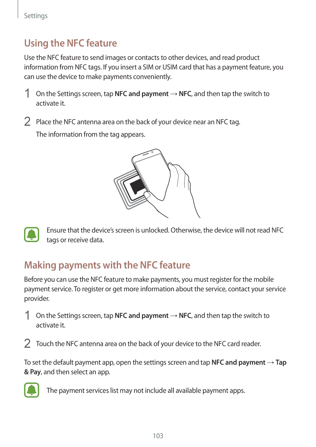 Samsung CG-G920FZDRVTC, SM-G920FZKFDBT, SM-G920FZKEDBT manual Using the NFC feature, Making payments with the NFC feature 