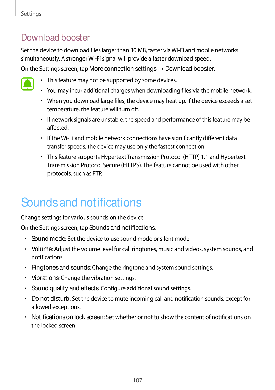 Samsung SM-G920FZKFSEE, SM-G920FZKFDBT, SM-G920FZKEDBT, SM-G920FZDEDBT manual Sounds and notifications, Download booster 