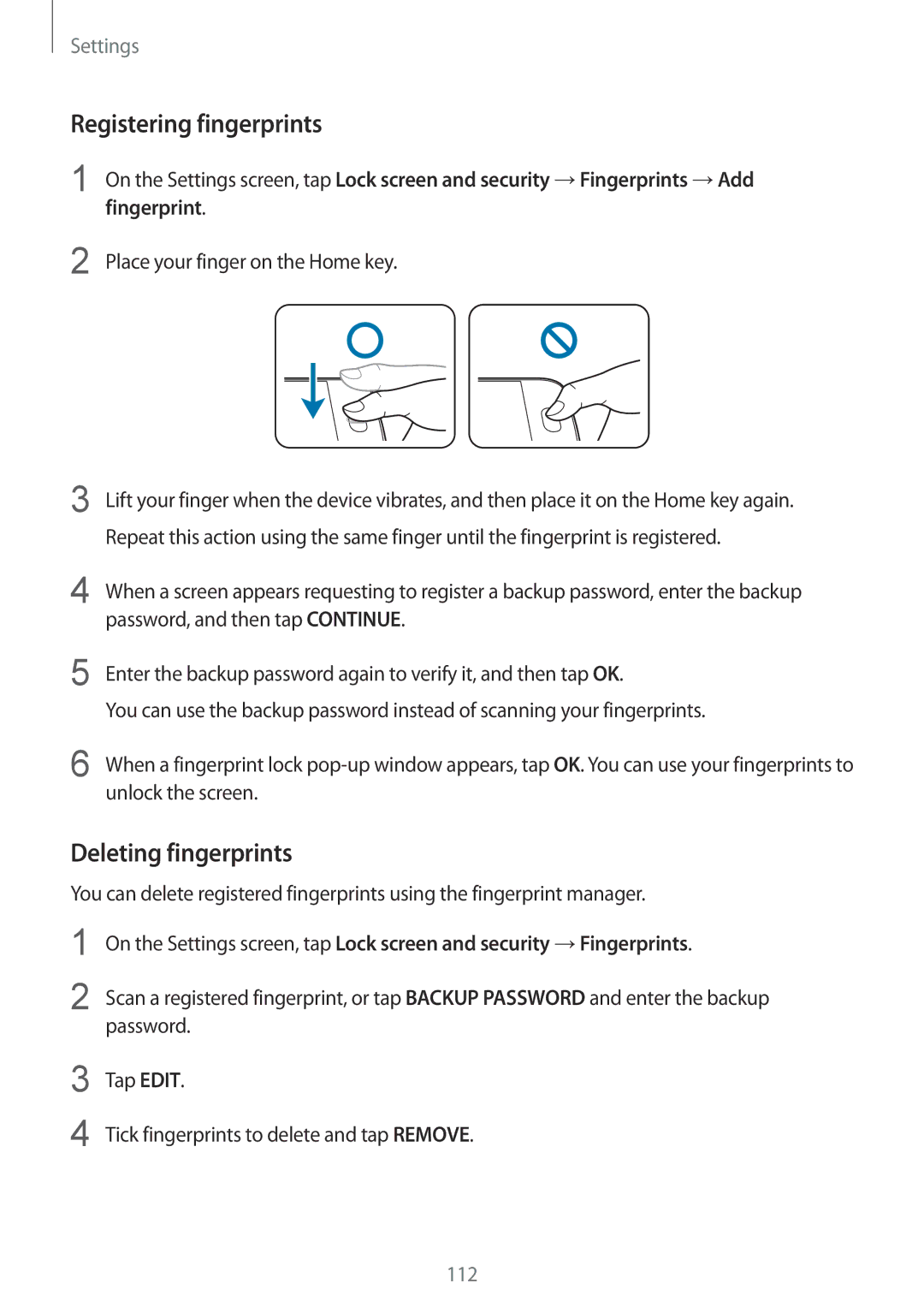 Samsung SM-G920FZBANEE, SM-G920FZKFDBT, SM-G920FZKEDBT, SM-G920FZDEDBT manual Registering fingerprints, Deleting fingerprints 