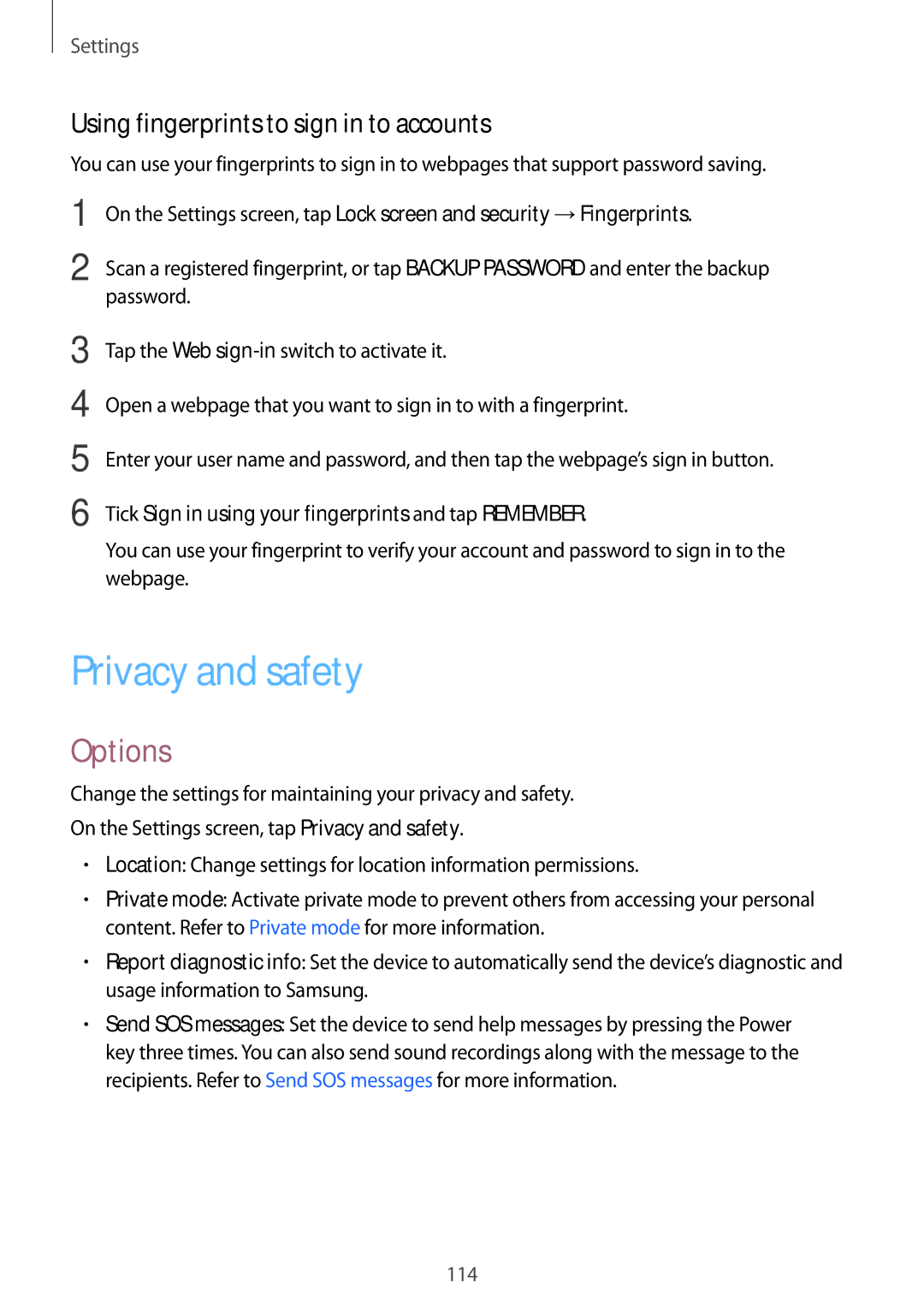 Samsung SM-G920FZKFNEE, SM-G920FZKFDBT, SM-G920FZKEDBT manual Privacy and safety, Using fingerprints to sign in to accounts 