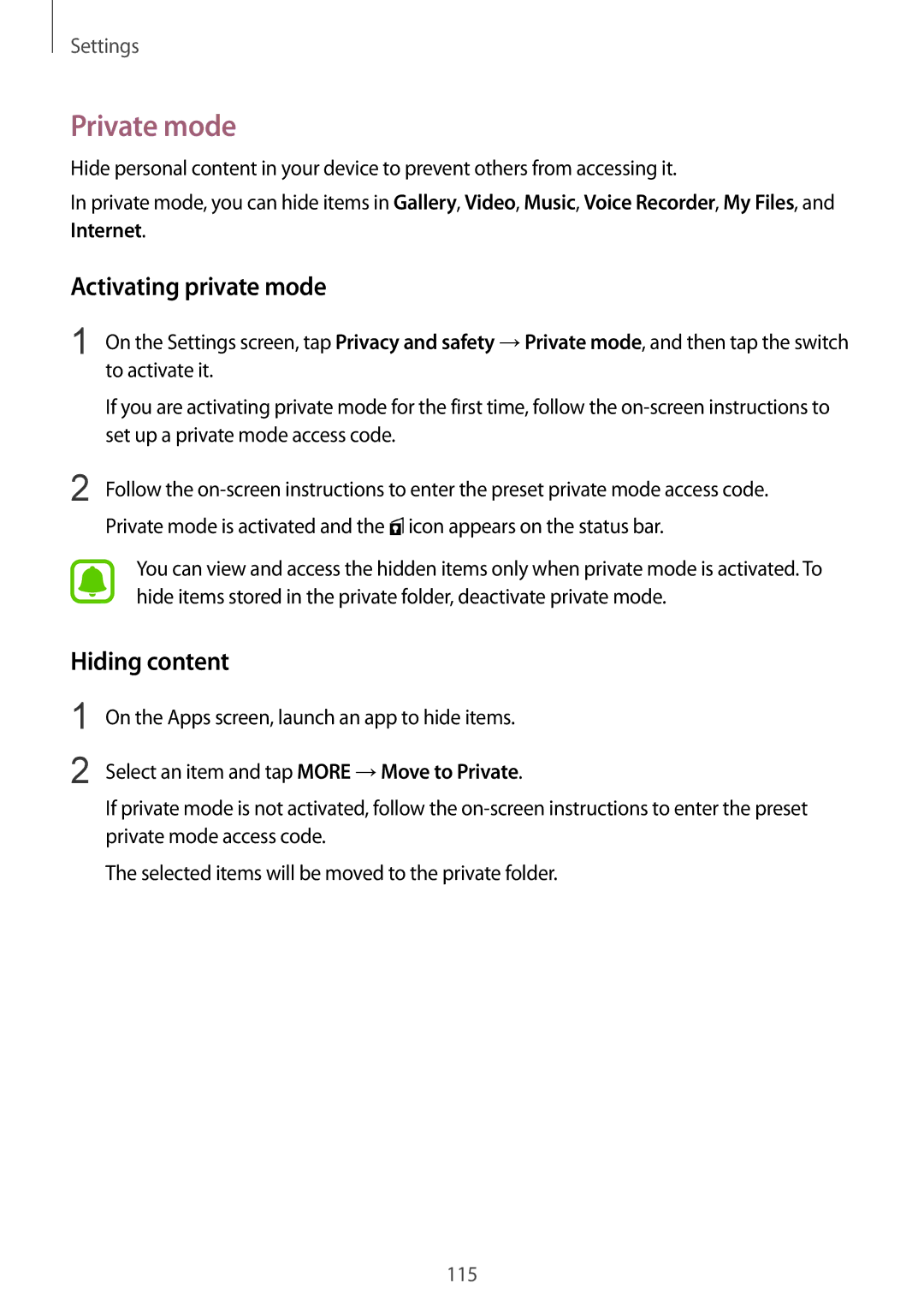 Samsung SM-G920FZKANEE, SM-G920FZKFDBT, SM-G920FZKEDBT, SM-G920FZDEDBT Private mode, Activating private mode, Hiding content 