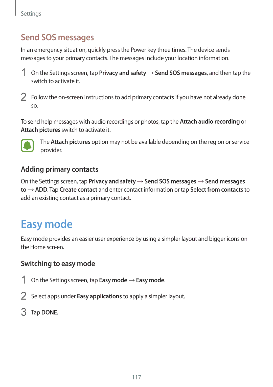 Samsung SM-G920FZDANEE, SM-G920FZKFDBT manual Easy mode, Send SOS messages, Adding primary contacts, Switching to easy mode 