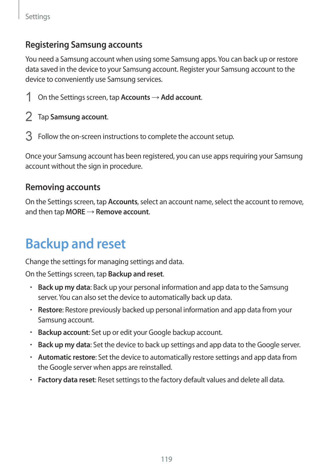 Samsung SM-G920FZWAEUR manual Backup and reset, Registering Samsung accounts, Removing accounts, Tap Samsung account 