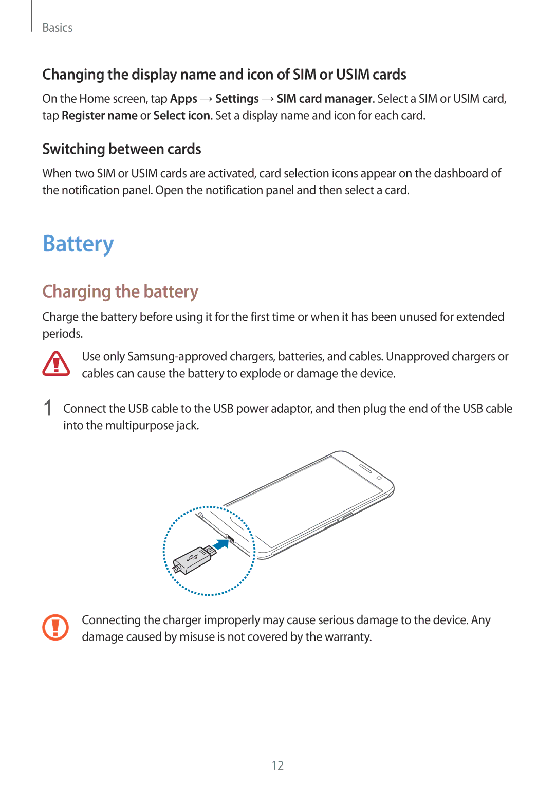 Samsung SM-G920FZWEITV manual Battery, Charging the battery, Changing the display name and icon of SIM or Usim cards 