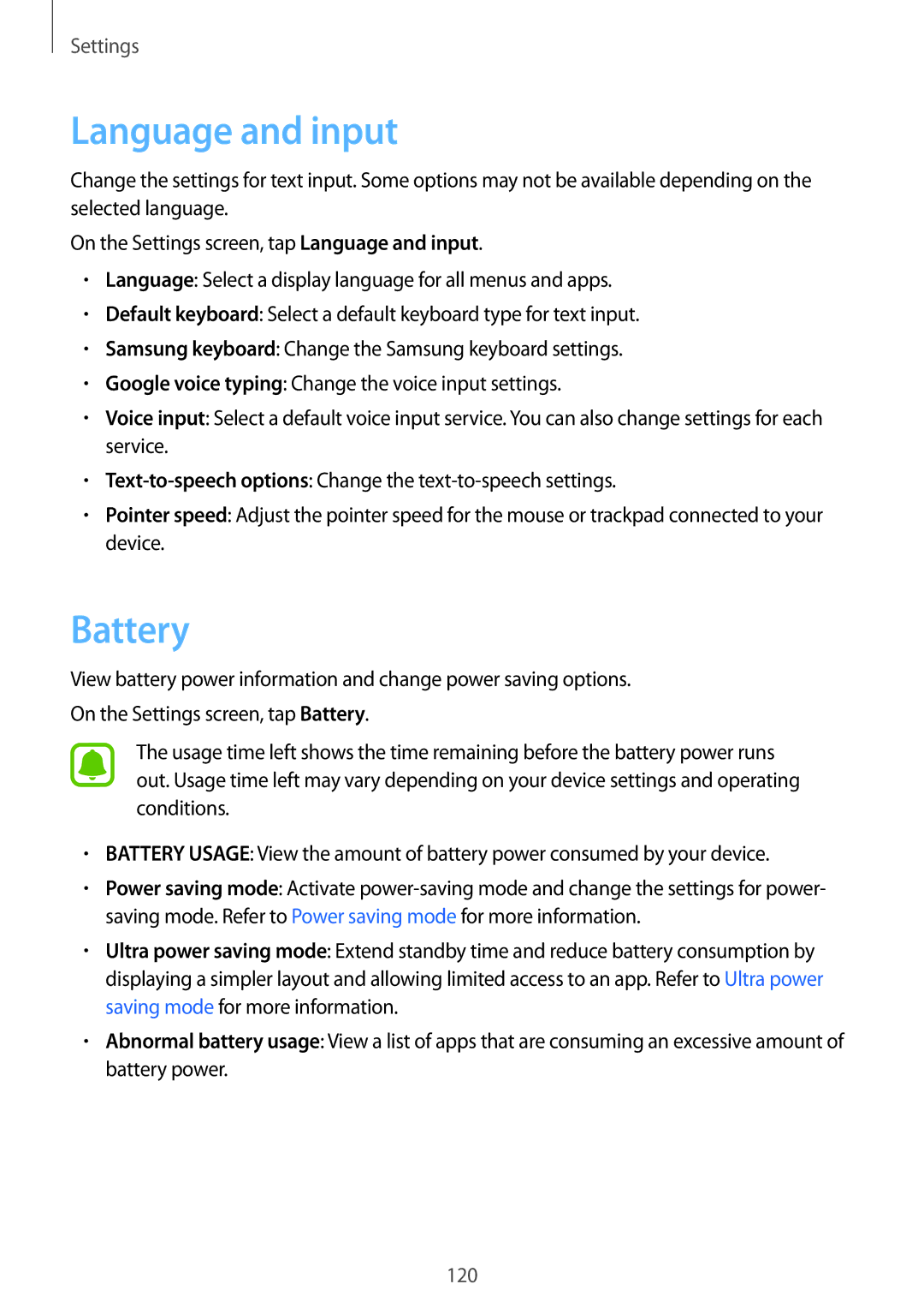 Samsung SM-G920XZKAILO, SM-G920FZKFDBT, SM-G920FZKEDBT, SM-G920FZDEDBT, SM-G920FZBEDBT manual Language and input, Battery 