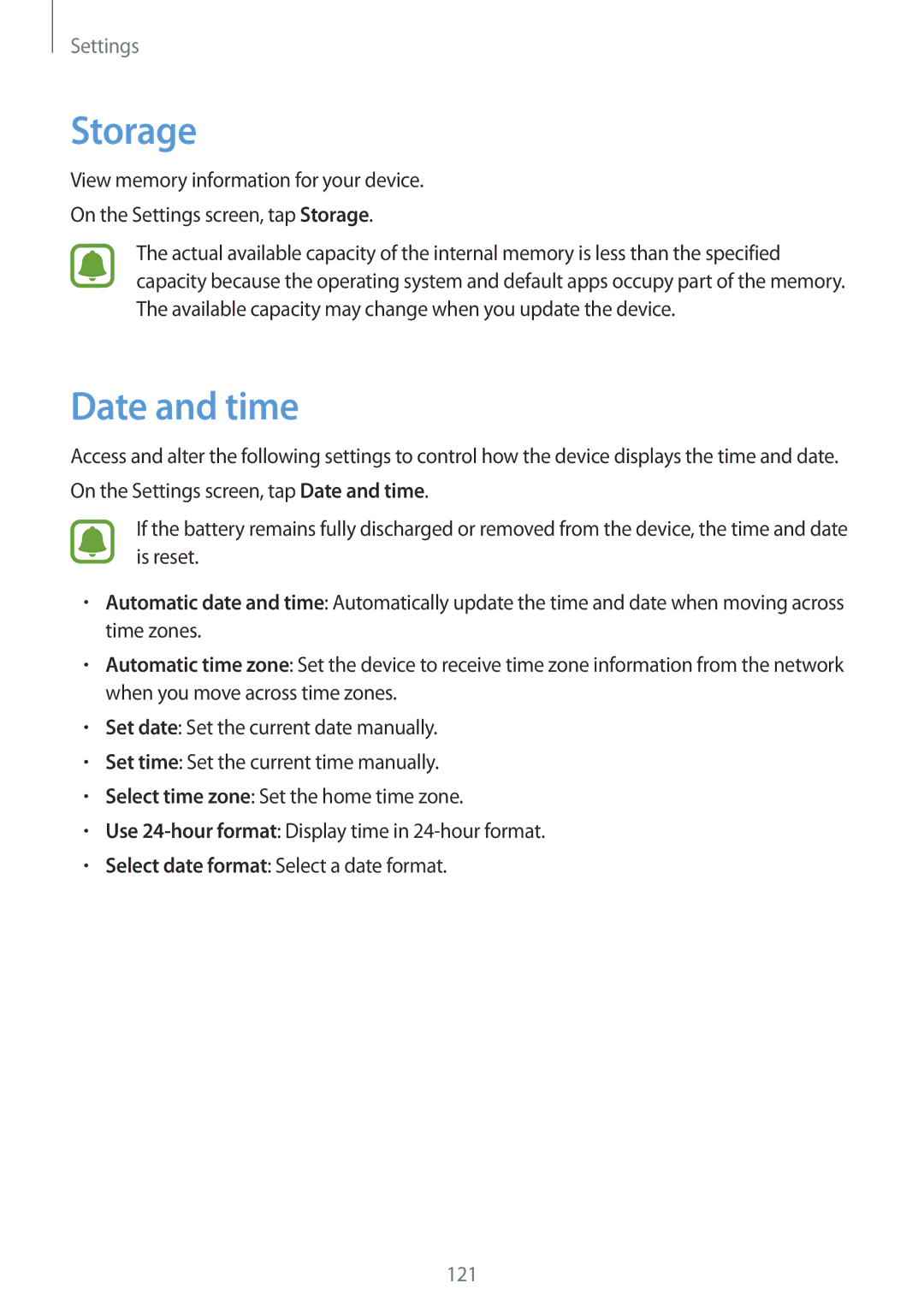 Samsung SM-G920XZDAILO, SM-G920FZKFDBT, SM-G920FZKEDBT, SM-G920FZDEDBT, SM-G920FZBEDBT, SM-G920FZBFDBT Storage, Date and time 