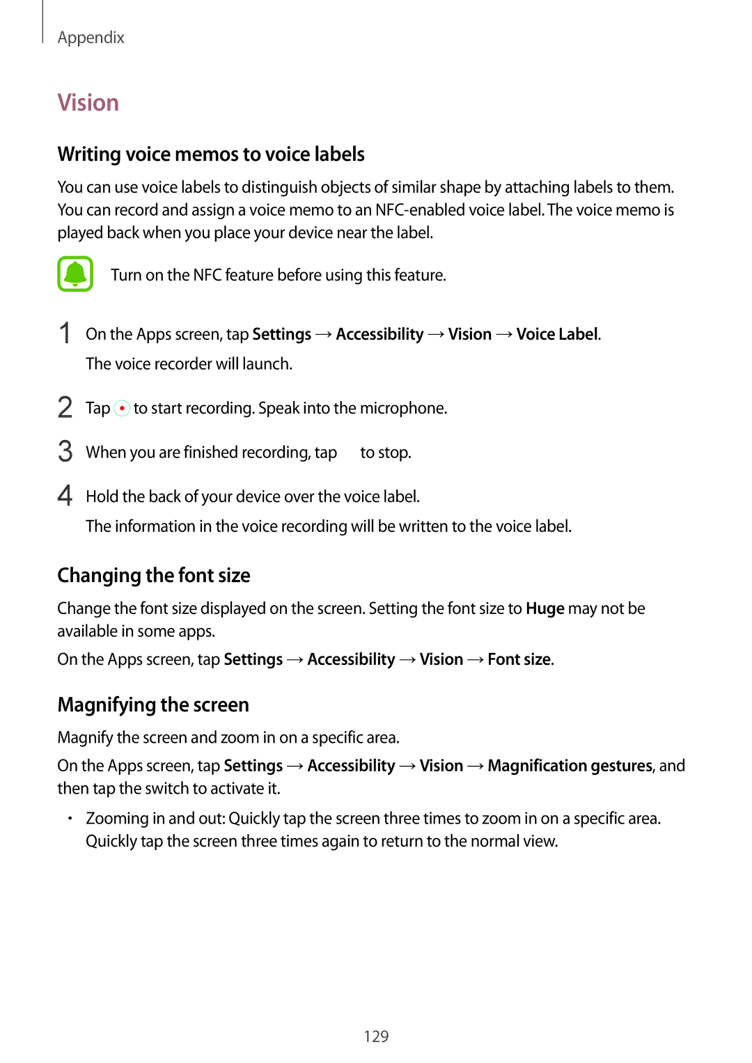 Samsung SM-G920FZDASER manual Vision, Writing voice memos to voice labels, Changing the font size, Magnifying the screen 