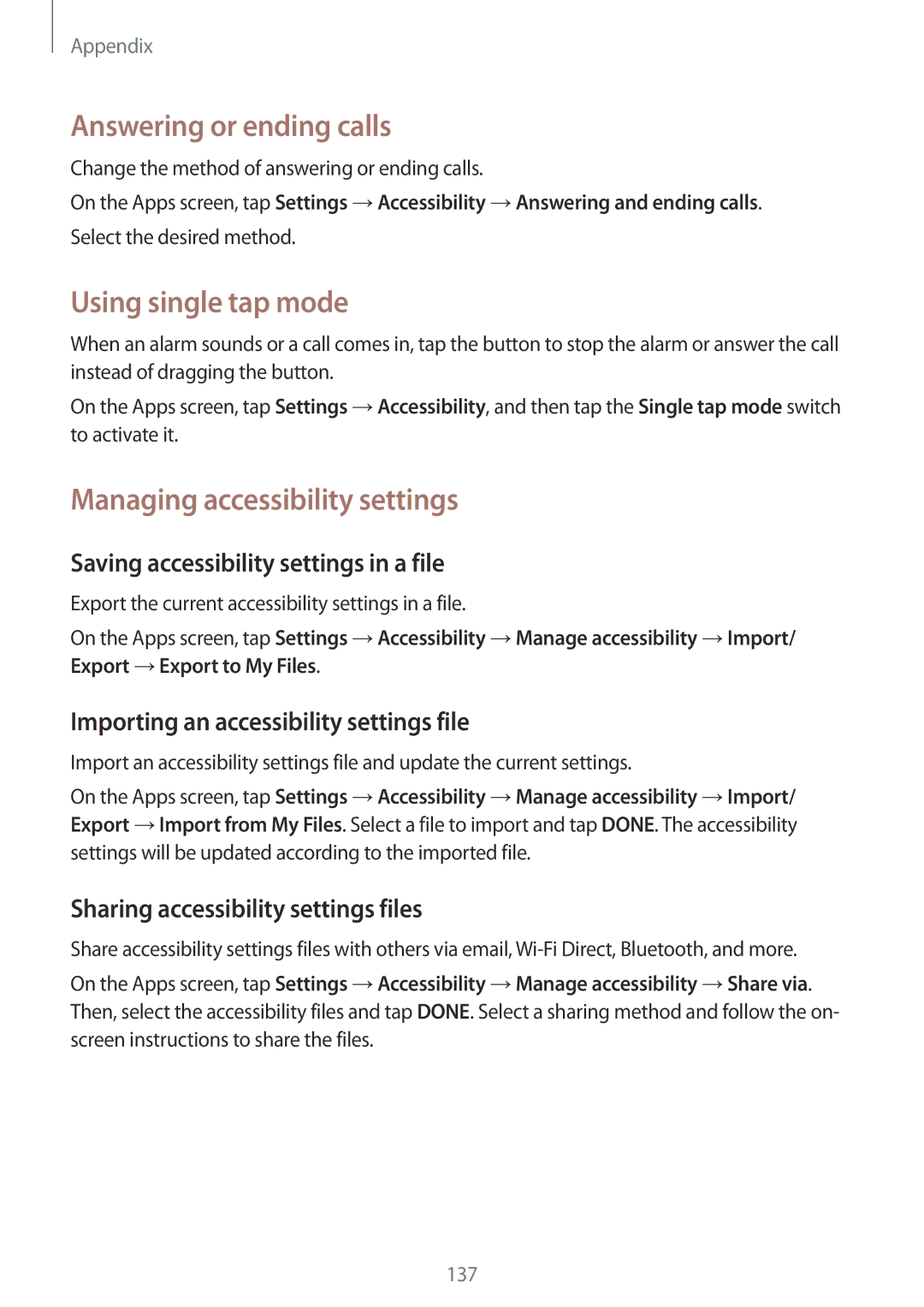 Samsung SM-G920FZWEDBT, SM-G920FZKFDBT Answering or ending calls, Using single tap mode, Managing accessibility settings 