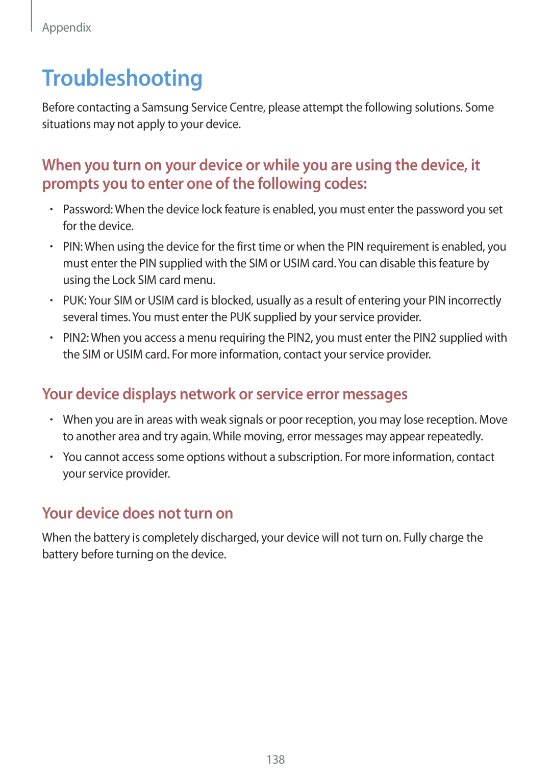 Samsung SM-G920FZWFDBT, SM-G920FZKFDBT manual Troubleshooting, Your device displays network or service error messages 