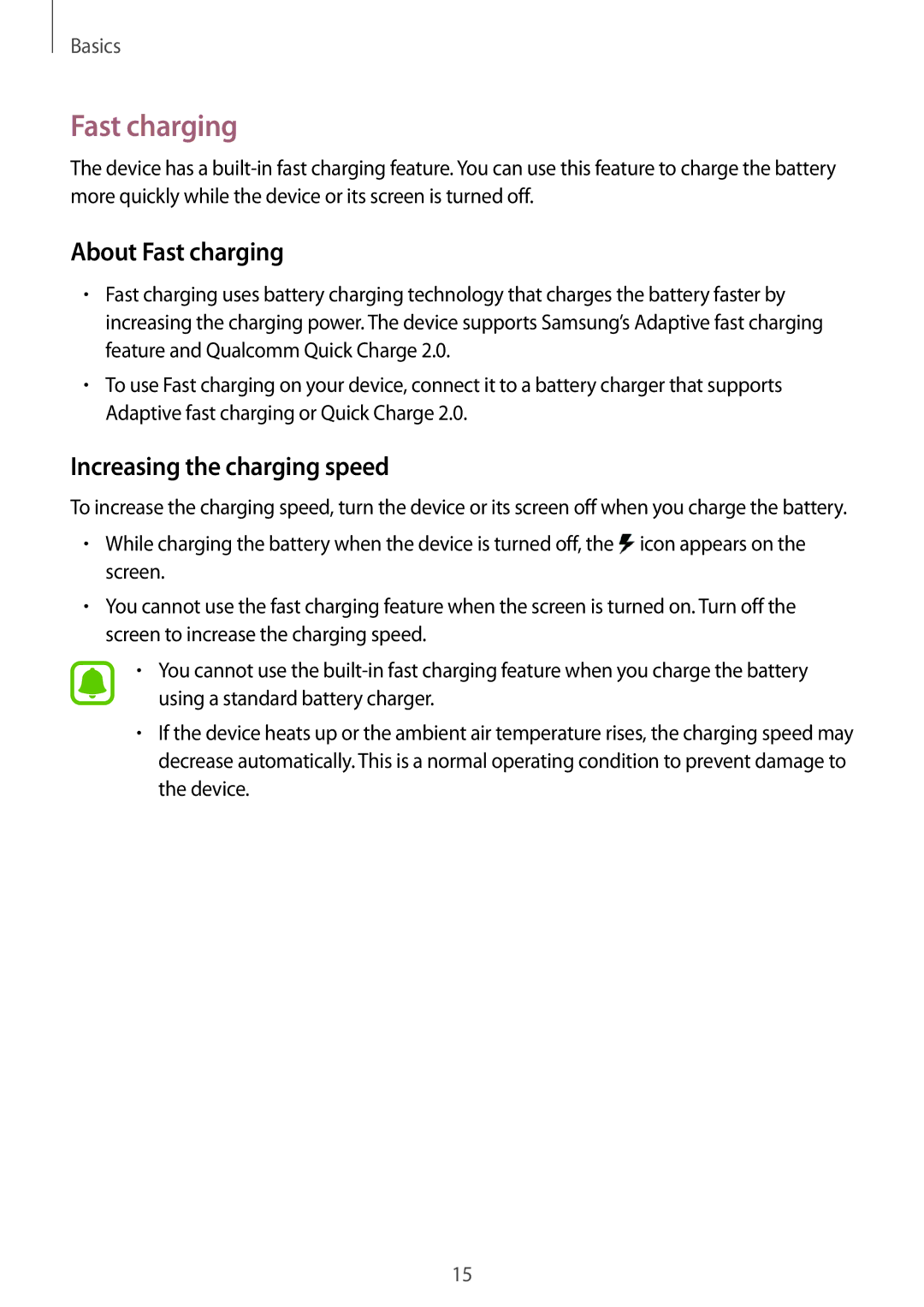 Samsung SM-G920FZKAITV, SM-G920FZKFDBT, SM-G920FZKEDBT manual About Fast charging, Increasing the charging speed 