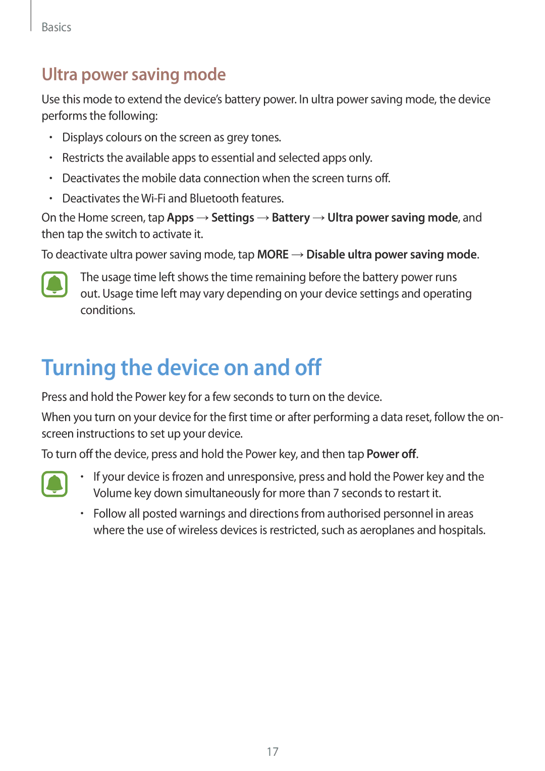 Samsung SM-G920FZDEITV, SM-G920FZKFDBT, SM-G920FZKEDBT manual Turning the device on and off, Ultra power saving mode 