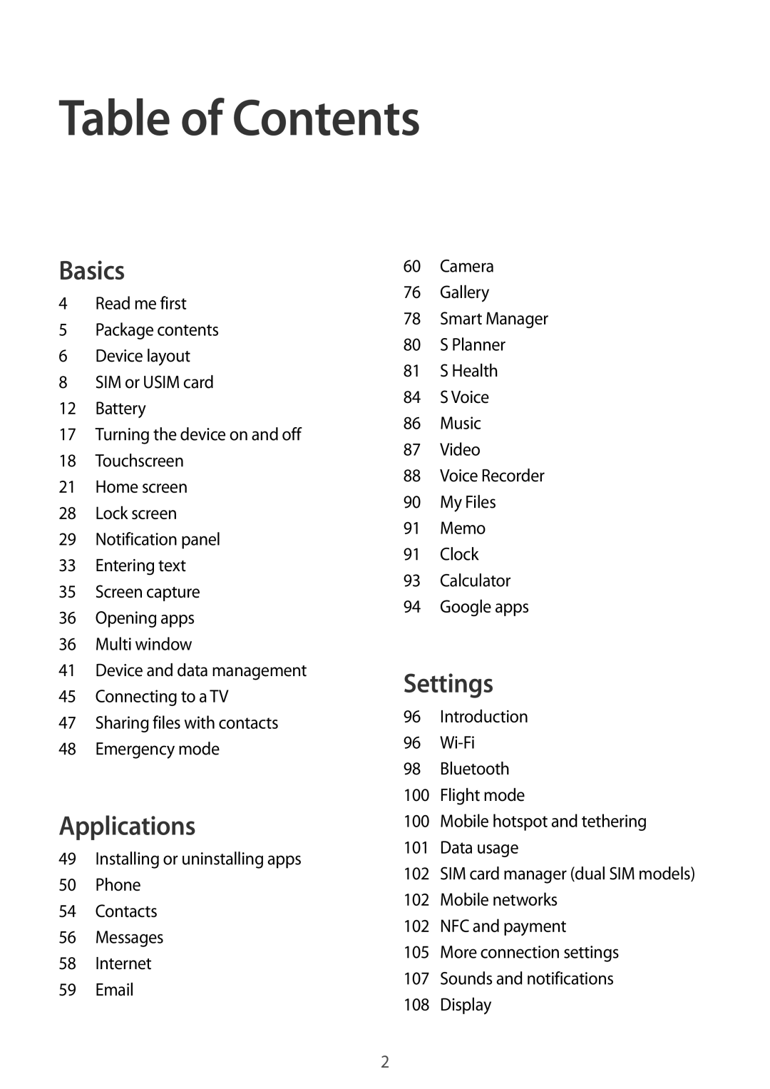 Samsung SM-G920FZDEDBT, SM-G920FZKFDBT, SM-G920FZKEDBT, SM-G920FZBEDBT, SM-G920FZBFDBT, SM-G920FZWEDBT manual Table of Contents 