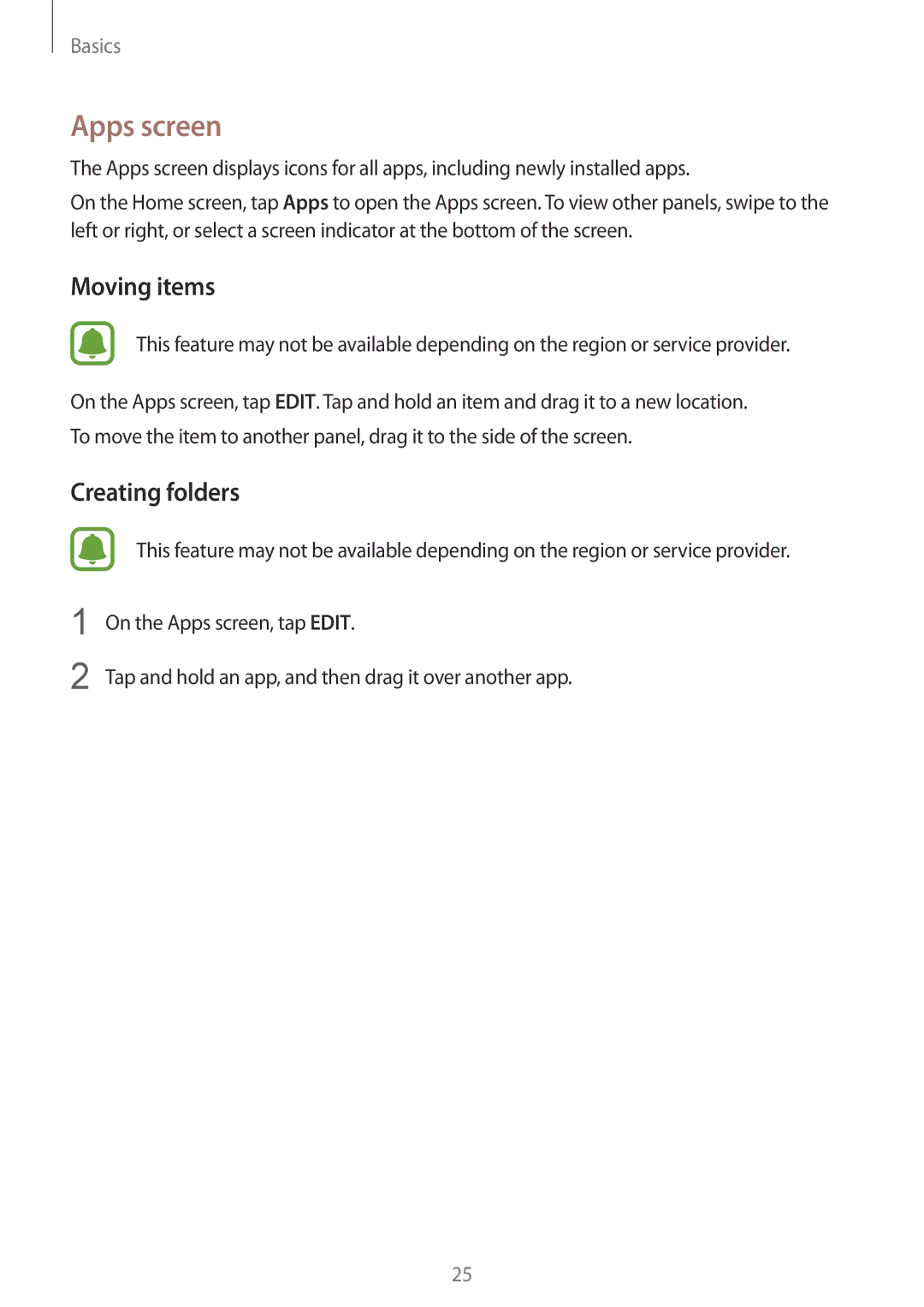 Samsung SM-G920IZKEKSA, SM-G920FZKFDBT, SM-G920FZKEDBT, SM-G920FZDEDBT, SM-G920FZBEDBT manual Apps screen, Moving items 