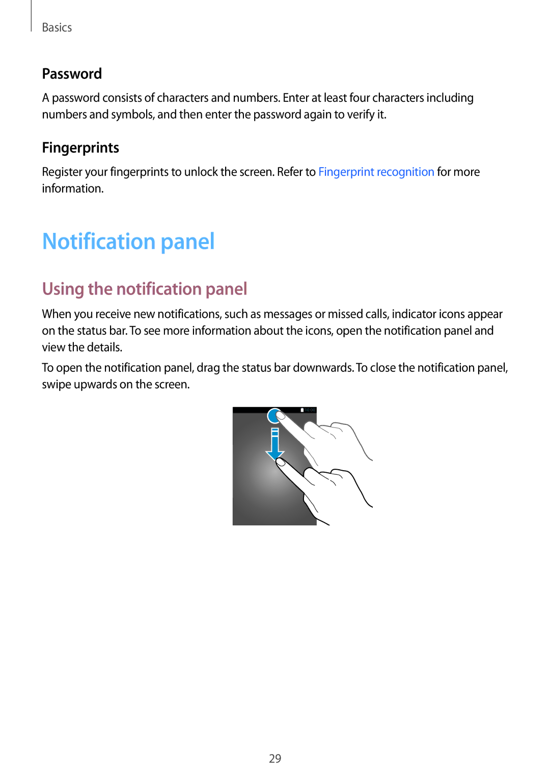 Samsung SM-G920FZKAKSA, SM-G920FZKFDBT manual Notification panel, Using the notification panel, Password, Fingerprints 