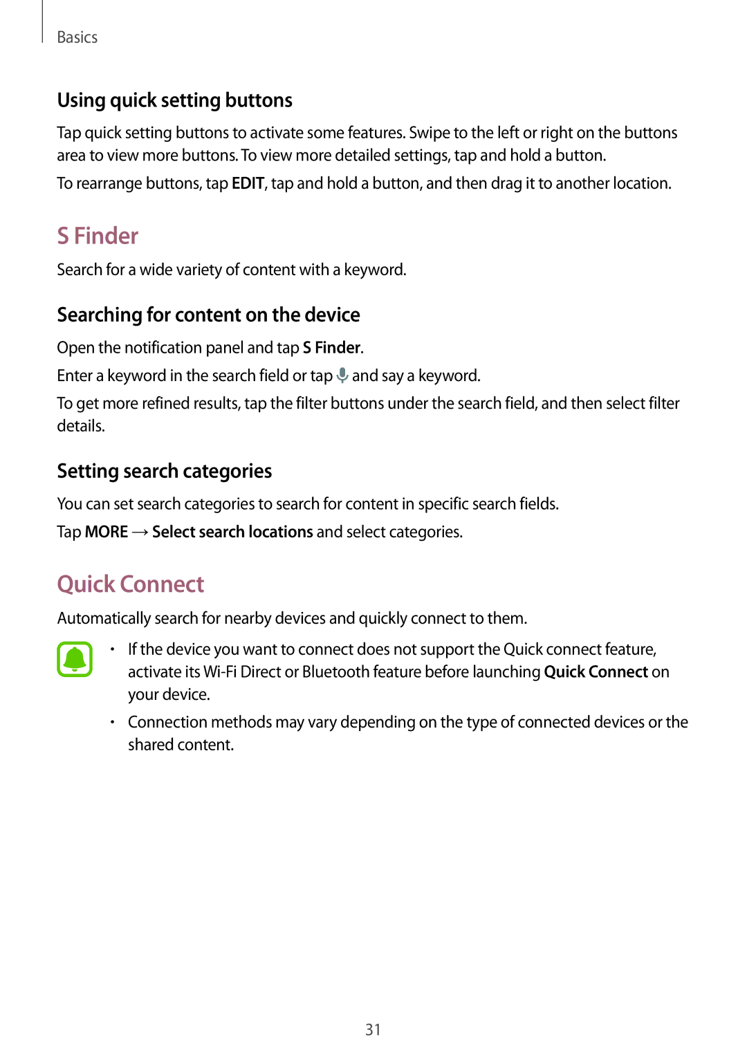 Samsung SM-G920XZWAKSA manual Finder, Quick Connect, Using quick setting buttons, Searching for content on the device 