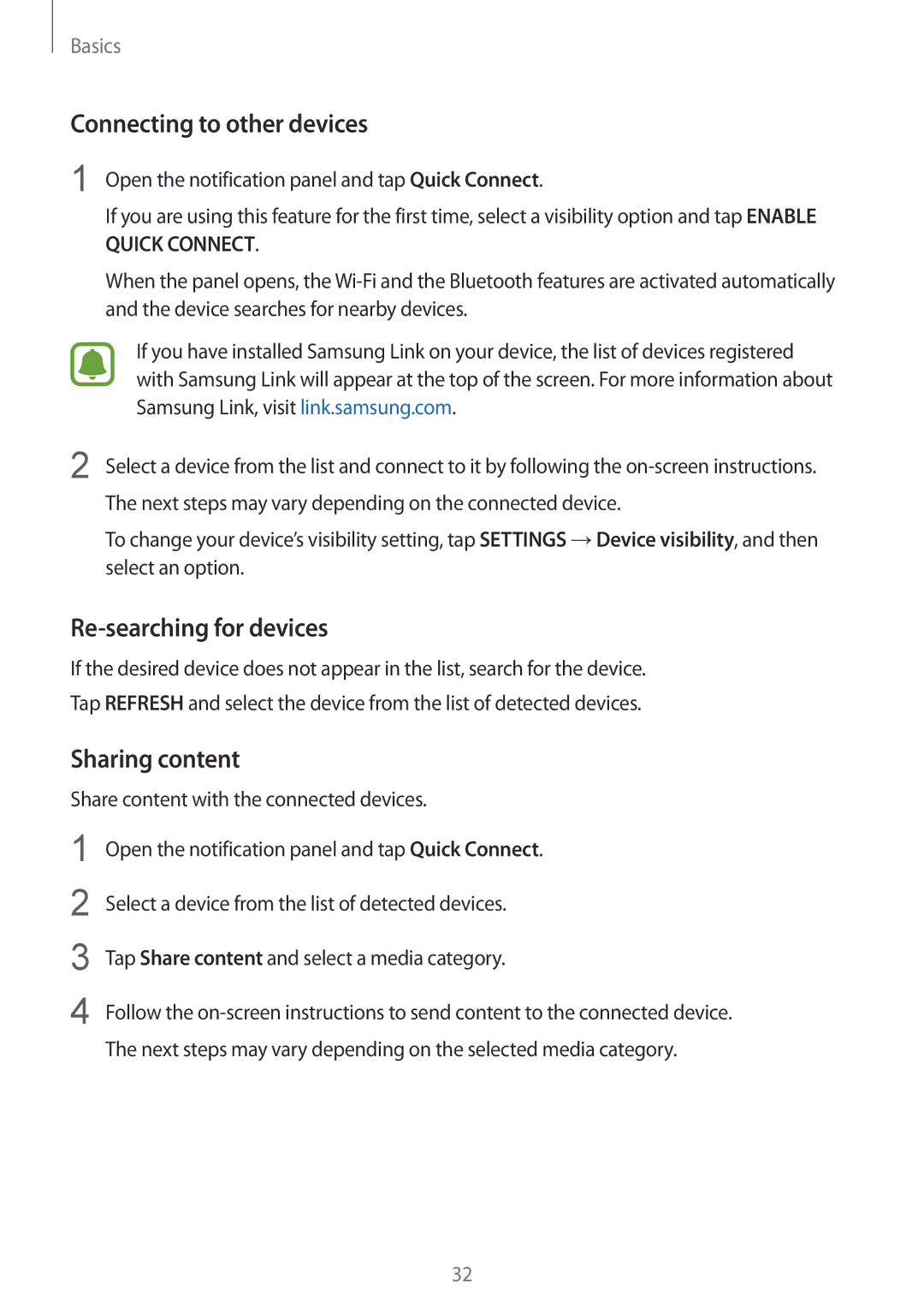 Samsung SM-G920FZKAXXV, SM-G920FZKFDBT manual Connecting to other devices, Re-searching for devices, Sharing content 