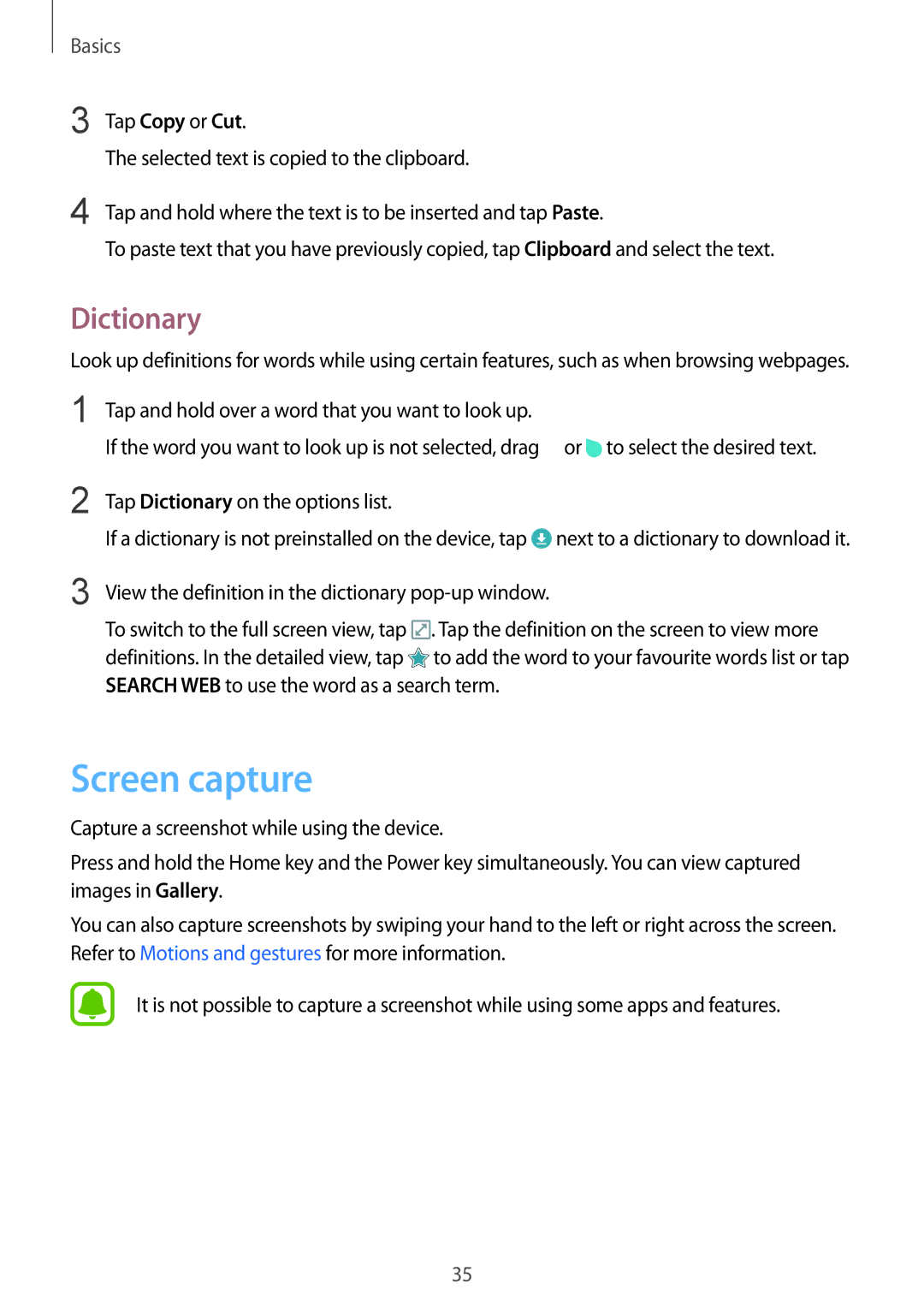 Samsung SM-G920FZDAXXV, SM-G920FZKFDBT, SM-G920FZKEDBT, SM-G920FZDEDBT, SM-G920FZBEDBT manual Screen capture, Dictionary 