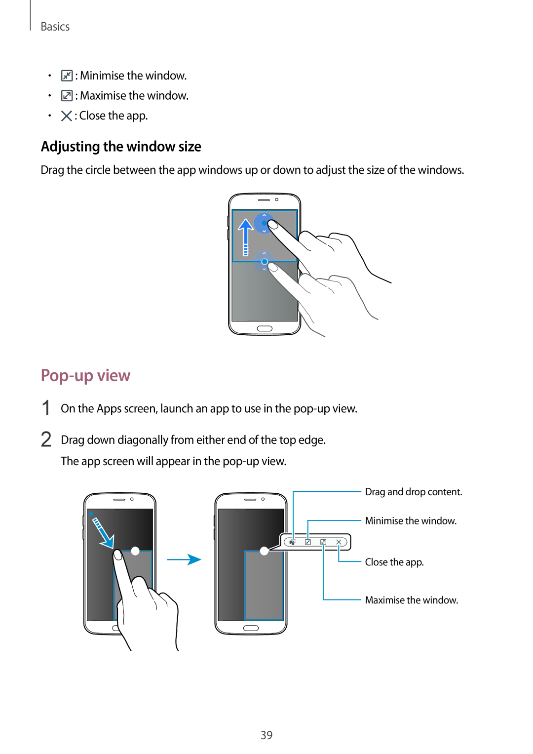 Samsung SM-G920FZKABGL, SM-G920FZKFDBT, SM-G920FZKEDBT, SM-G920FZDEDBT, SM-G920FZBEDBT Pop-up view, Adjusting the window size 