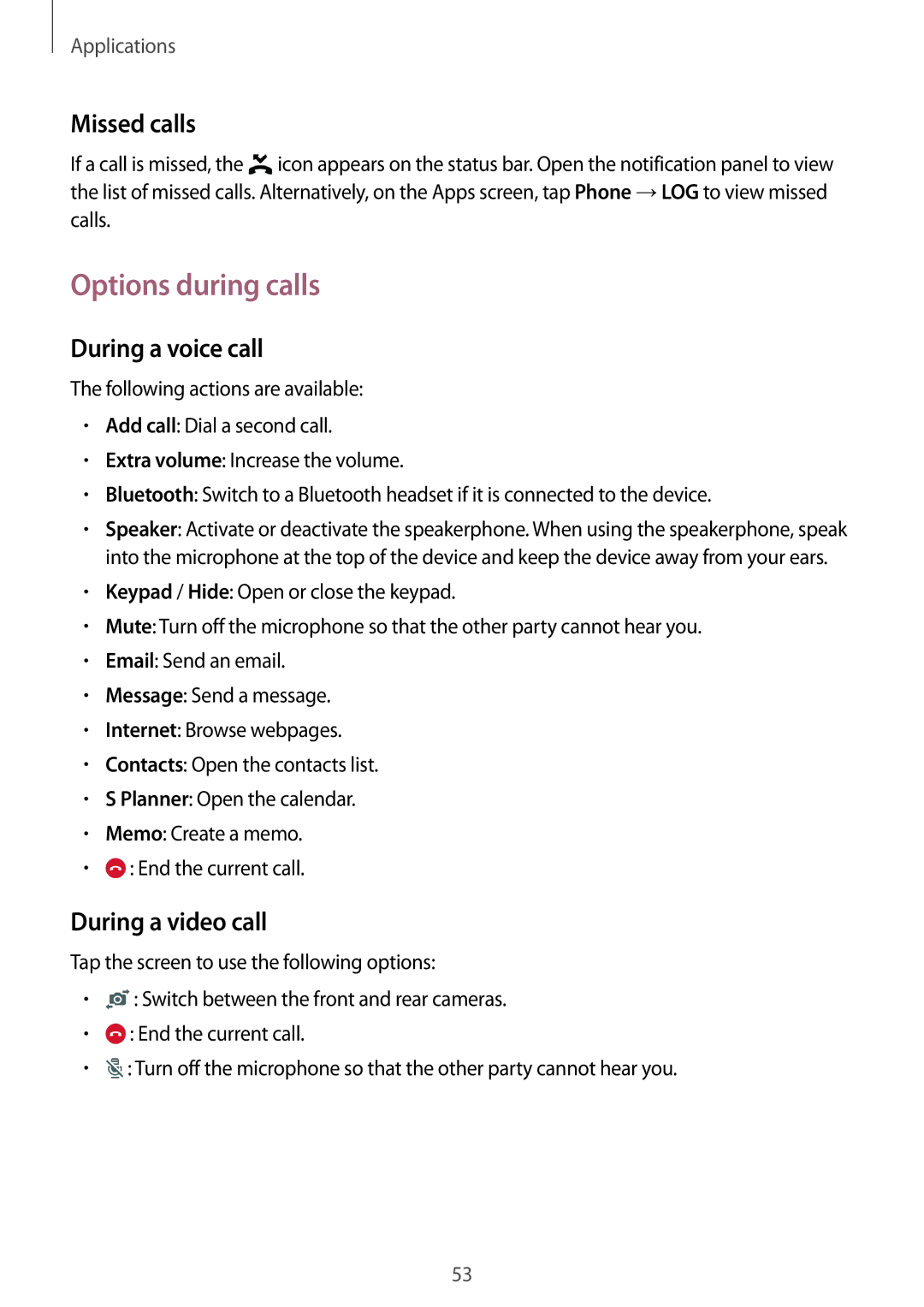 Samsung SM-G920FZWAEUR, SM-G920FZKFDBT manual Options during calls, Missed calls, During a voice call, During a video call 