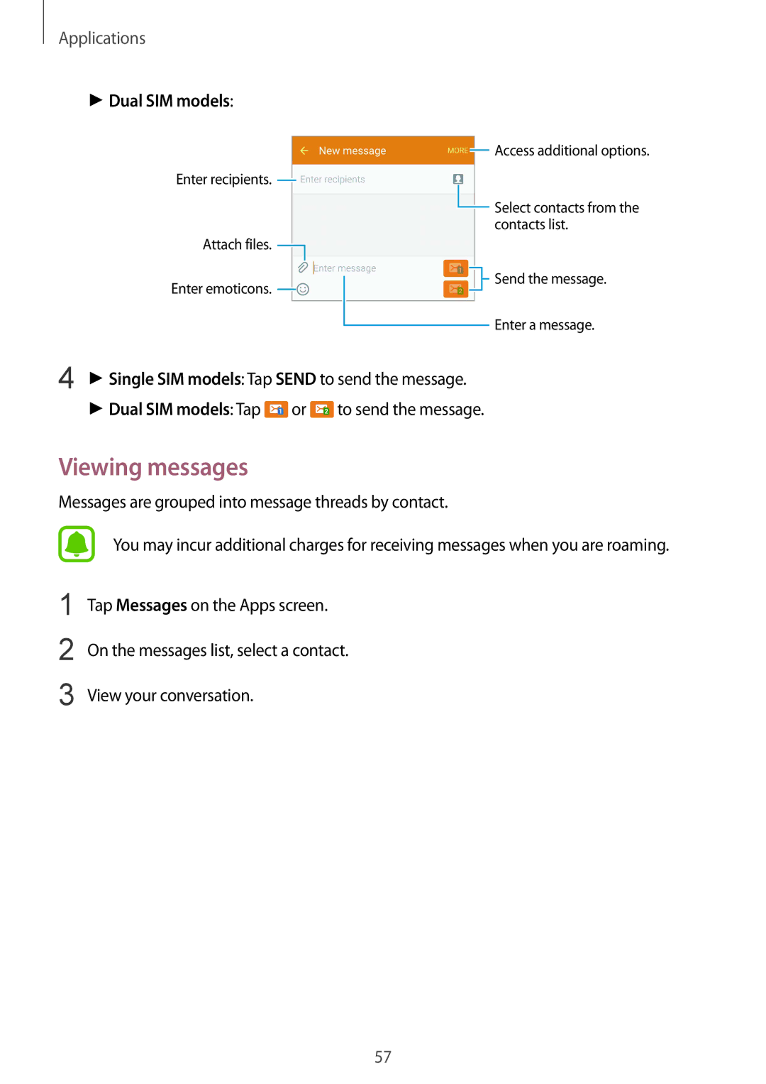 Samsung SM-G920FZKAILO, SM-G920FZKFDBT, SM-G920FZKEDBT, SM-G920FZDEDBT, SM-G920FZBEDBT manual Viewing messages, Dual SIM models 