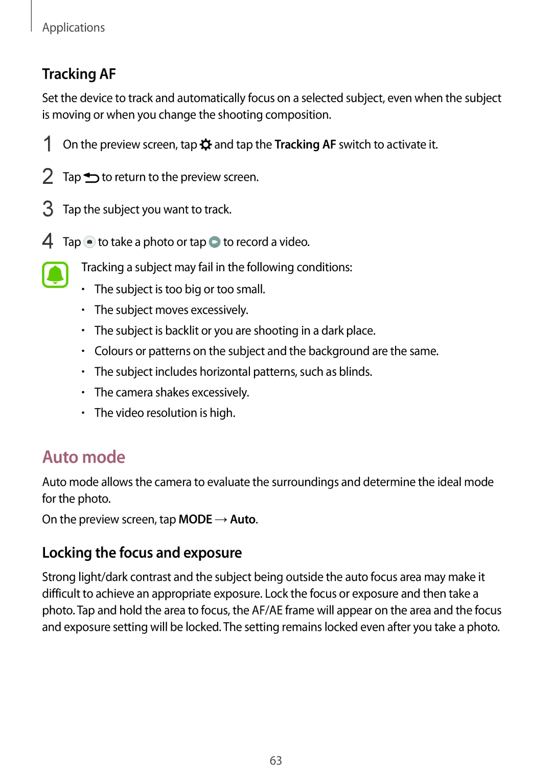 Samsung SM-G920FZDASER, SM-G920FZKFDBT, SM-G920FZKEDBT manual Auto mode, Tracking AF, Locking the focus and exposure 