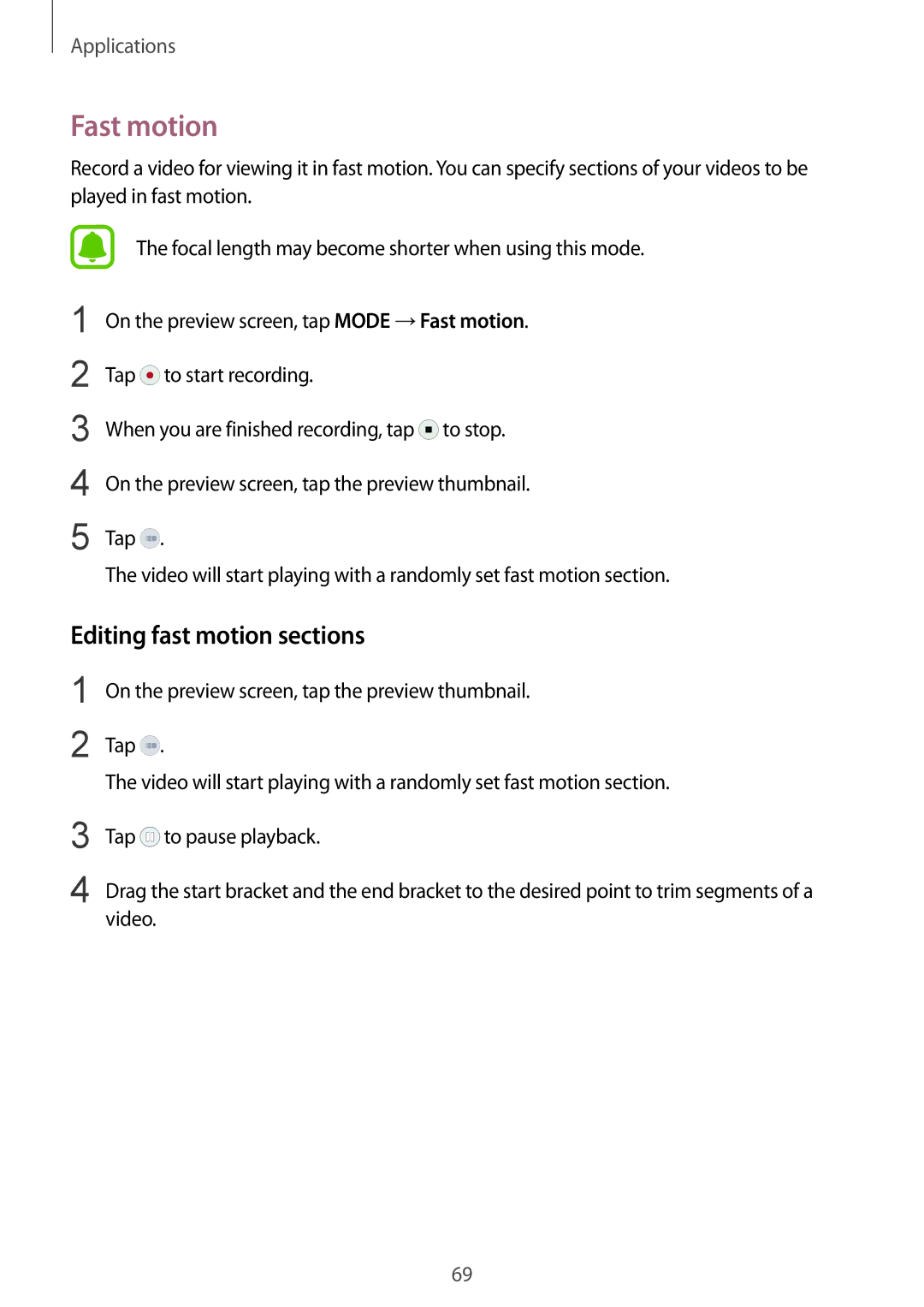 Samsung SM-G920FZBEDBT, SM-G920FZKFDBT, SM-G920FZKEDBT, SM-G920FZDEDBT manual Fast motion, Editing fast motion sections 