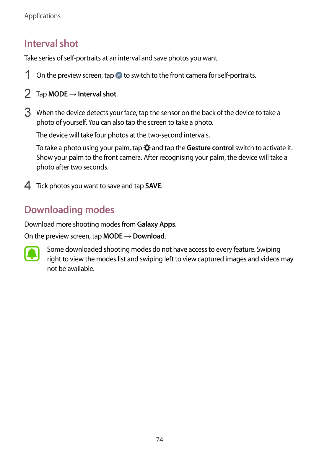 Samsung SM-G920FZWAXEF, SM-G920FZKFDBT, SM-G920FZKEDBT, SM-G920FZDEDBT manual Downloading modes, Tap Mode →Interval shot 