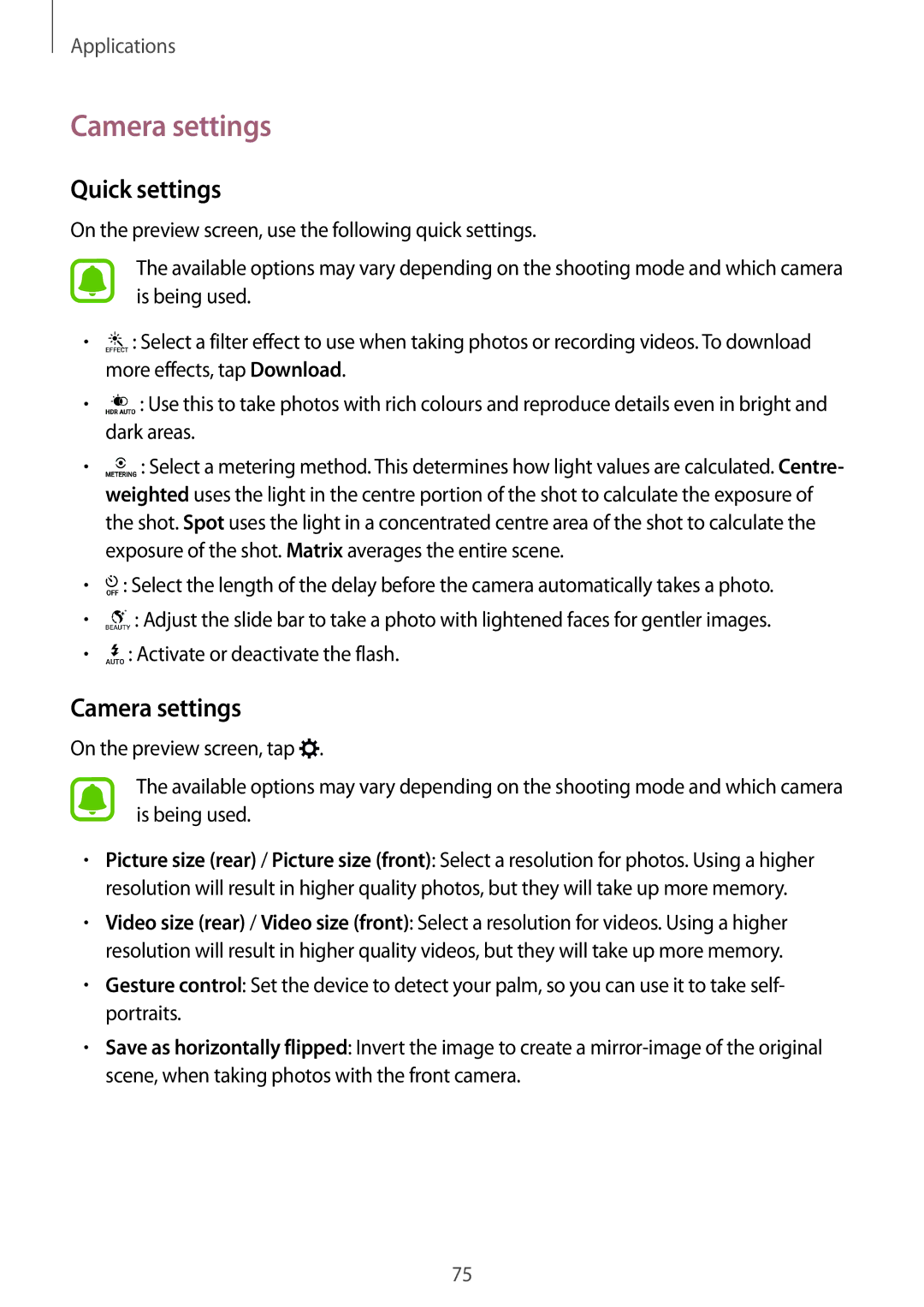 Samsung SM-G920FZKAXEF, SM-G920FZKFDBT, SM-G920FZKEDBT, SM-G920FZDEDBT, SM-G920FZBEDBT manual Camera settings, Quick settings 