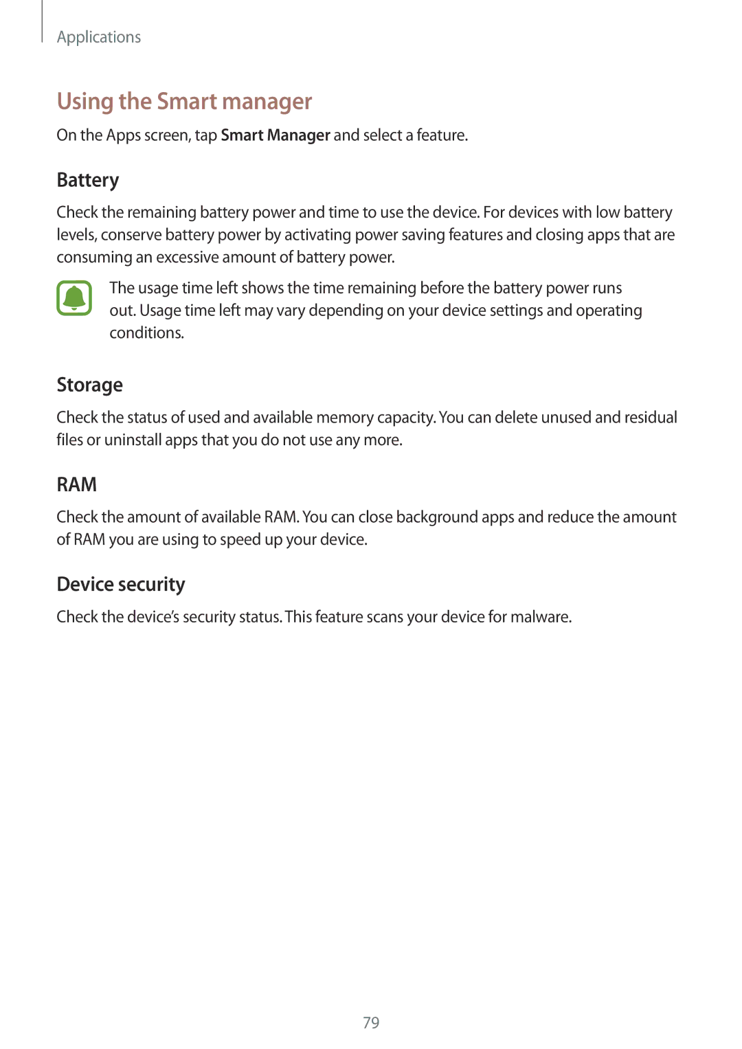 Samsung SM-G920FZBEITV, SM-G920FZKFDBT, SM-G920FZKEDBT manual Using the Smart manager, Battery, Storage, Device security 