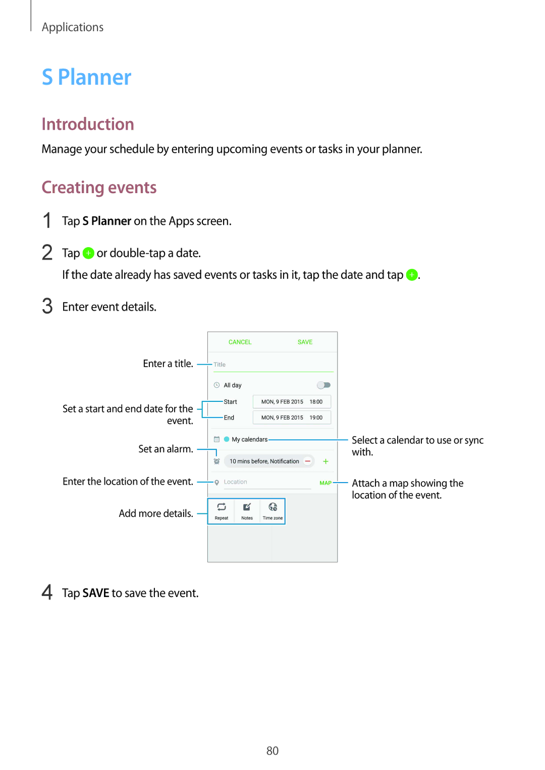 Samsung SM-G920FZKEITV, SM-G920FZKFDBT, SM-G920FZKEDBT, SM-G920FZDEDBT, SM-G920FZBEDBT manual Planner, Creating events 