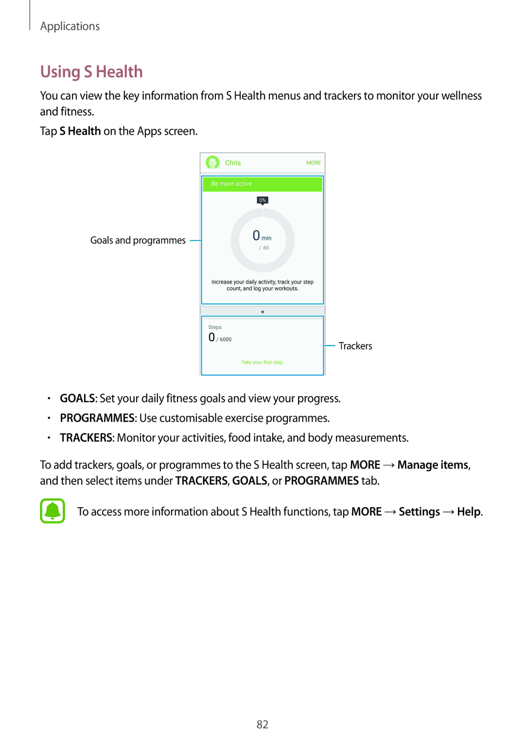 Samsung SM-G920FZWAITV, SM-G920FZKFDBT, SM-G920FZKEDBT, SM-G920FZDEDBT, SM-G920FZBEDBT, SM-G920FZBFDBT manual Using S Health 