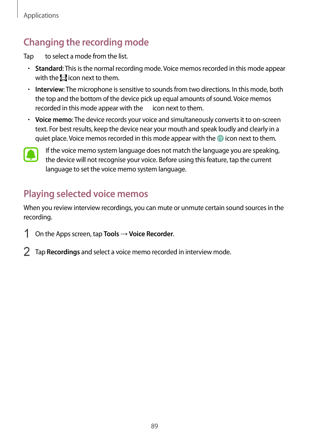 Samsung SM-G920IZWEKSA, SM-G920FZKFDBT, SM-G920FZKEDBT manual Changing the recording mode, Playing selected voice memos 