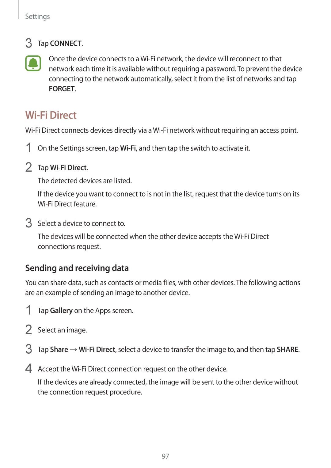 Samsung SM-G920XZWAKSA, SM-G920FZKFDBT, SM-G920FZKEDBT manual Sending and receiving data, Tap Connect, Tap Wi-Fi Direct 