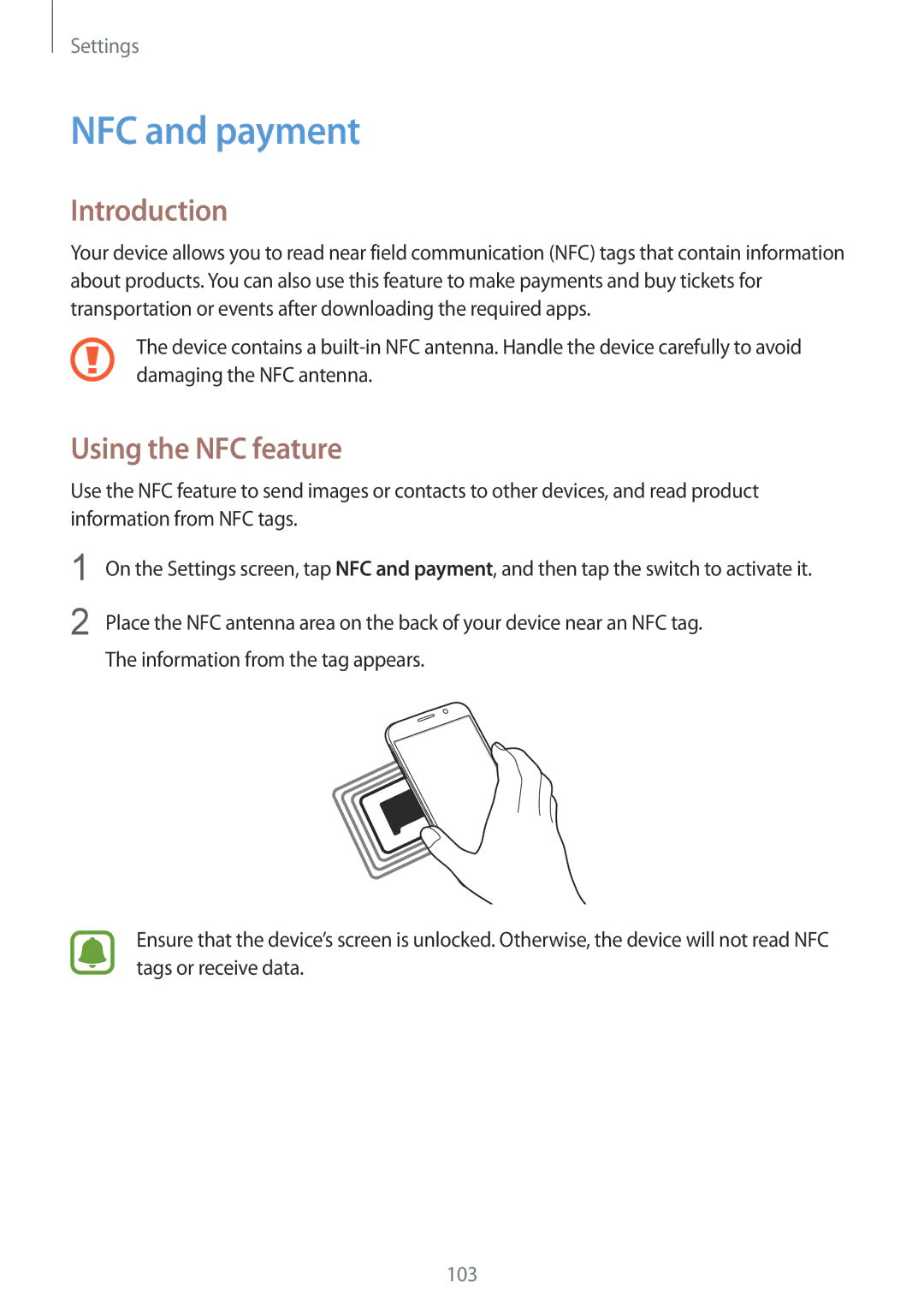 Samsung SM-G920FZKEDBT, SM-G920FZKFDBT, SM-G920FZDEDBT, SM-G920FZBEDBT, SM-G920FZBFDBT NFC and payment, Using the NFC feature 