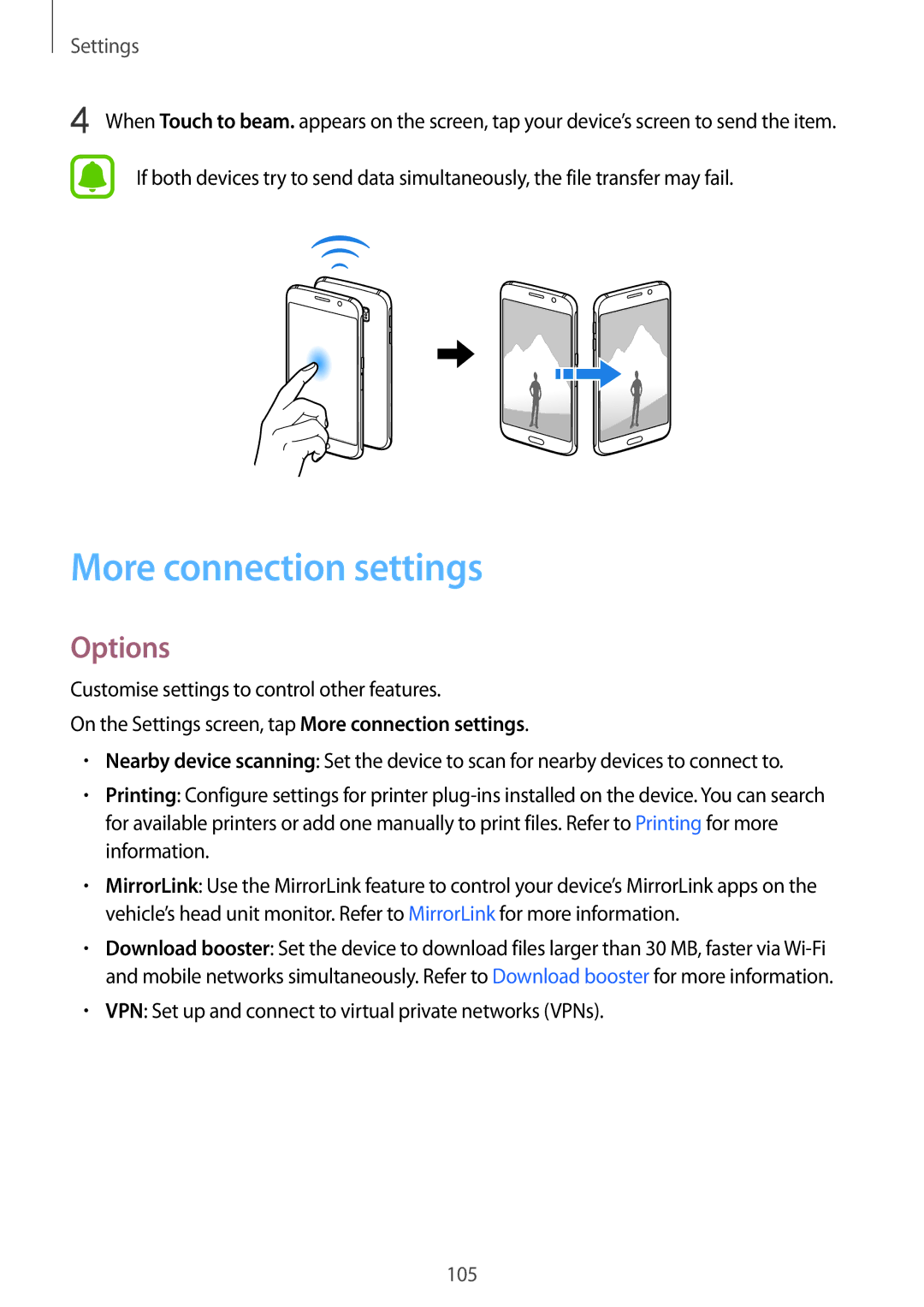 Samsung SM-G920FZBEDBT, SM-G920FZKFDBT, SM-G920FZKEDBT, SM-G920FZDEDBT, SM-G920FZBFDBT manual More connection settings, Options 