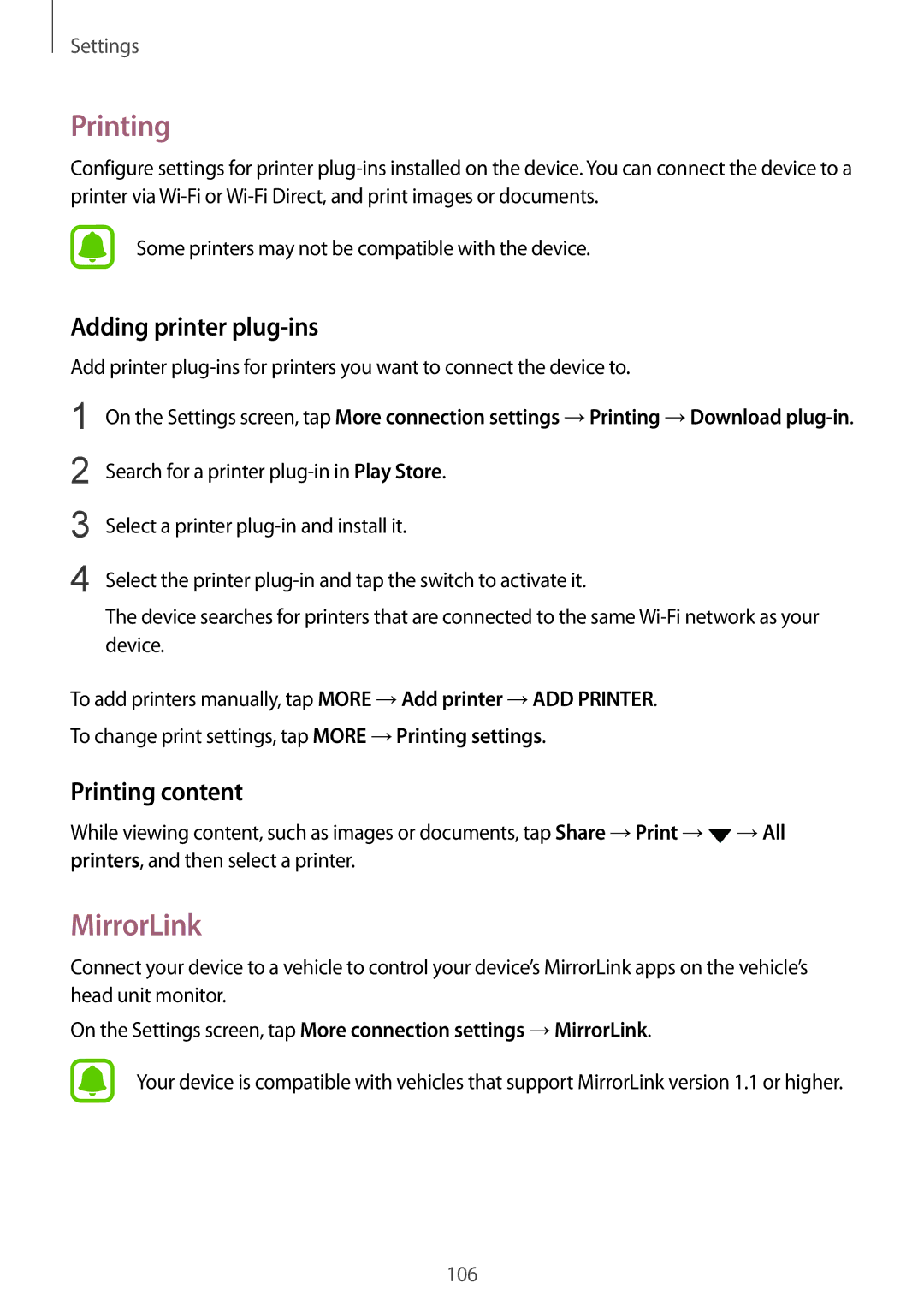 Samsung SM-G920FZBFDBT, SM-G920FZKFDBT, SM-G920FZKEDBT manual MirrorLink, Adding printer plug-ins, Printing content 