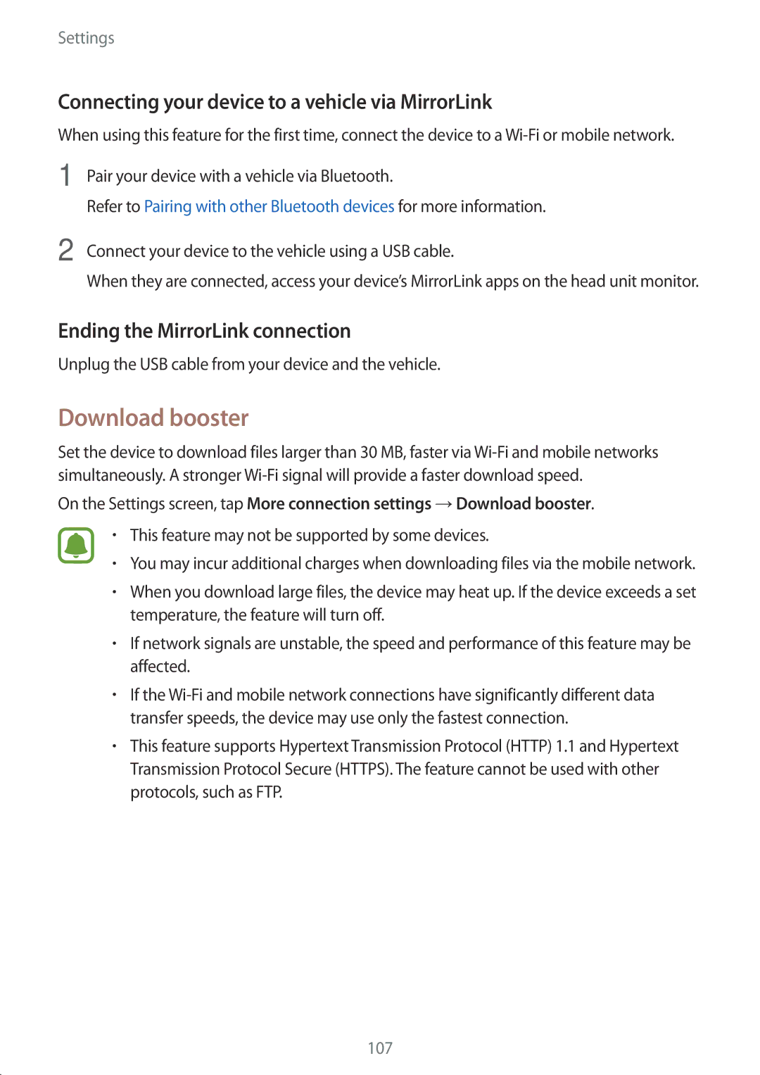 Samsung SM-G920FZWEDBT, SM-G920FZKFDBT, SM-G920FZKEDBT Download booster, Connecting your device to a vehicle via MirrorLink 