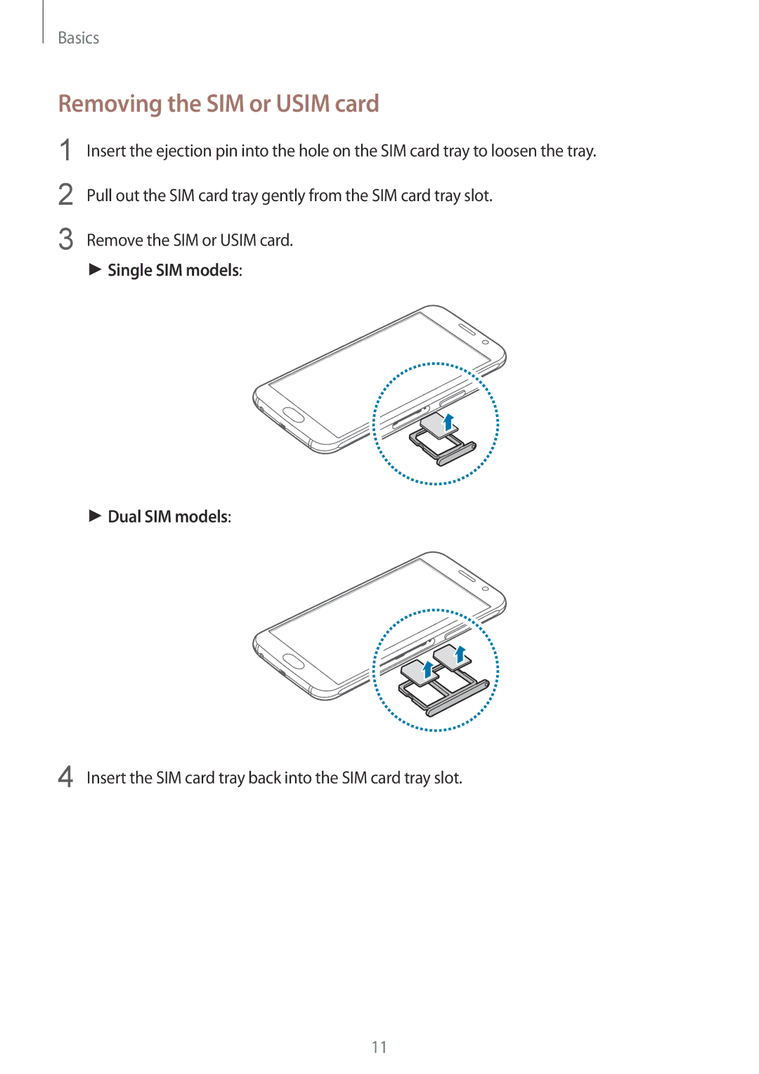 Samsung SM-G920FZDAXEF, SM-G920FZKFDBT, SM-G920FZKEDBT Removing the SIM or Usim card, Single SIM models Dual SIM models 