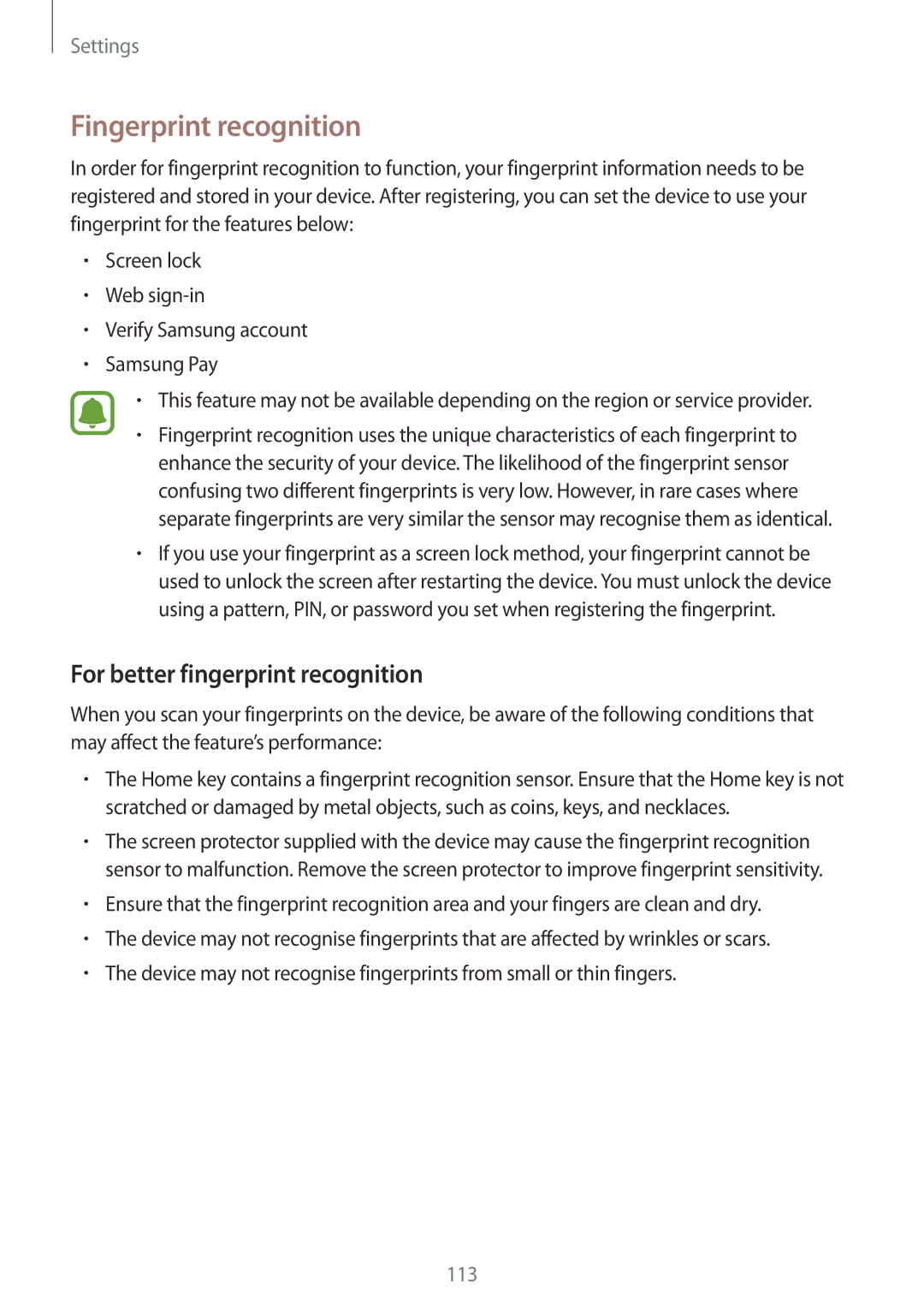 Samsung SM-G920FZDAXEF, SM-G920FZKFDBT, SM-G920FZKEDBT manual Fingerprint recognition, For better fingerprint recognition 