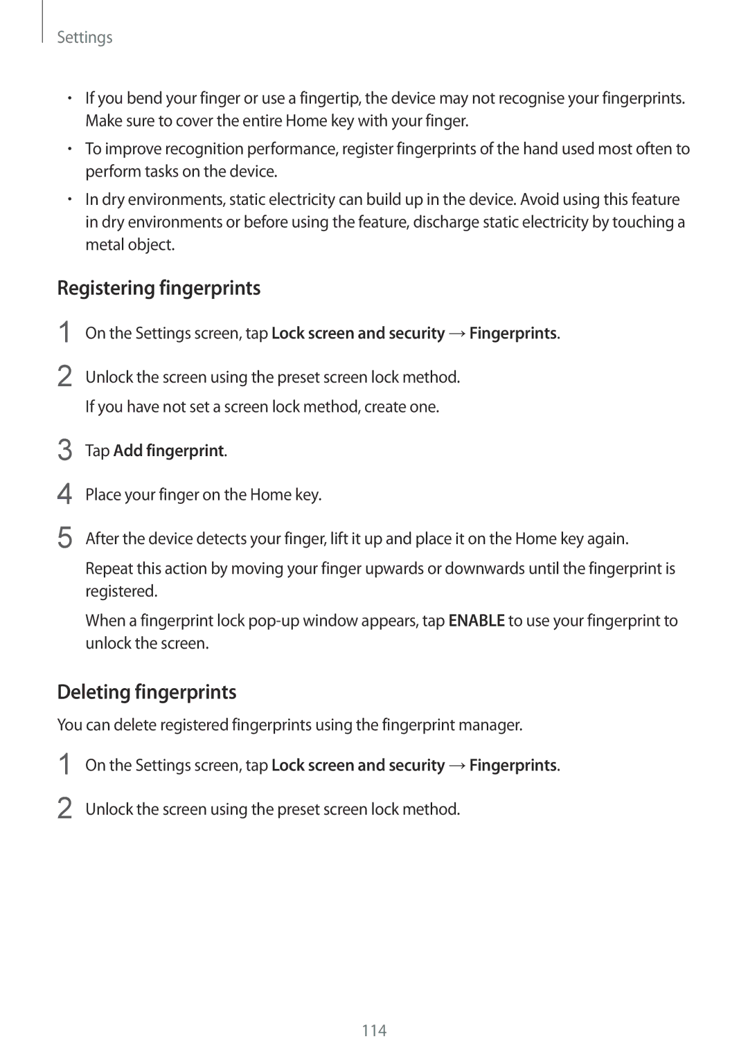 Samsung SM-G920FZWEITV, SM-G920FZKFDBT, SM-G920FZKEDBT Registering fingerprints, Deleting fingerprints, Tap Add fingerprint 