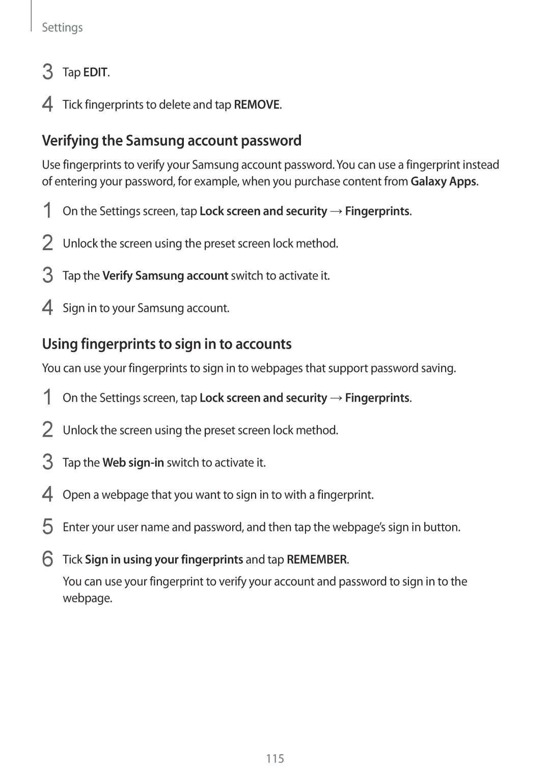 Samsung SM-G920FZBEITV, SM-G920FZKFDBT Verifying the Samsung account password, Using fingerprints to sign in to accounts 