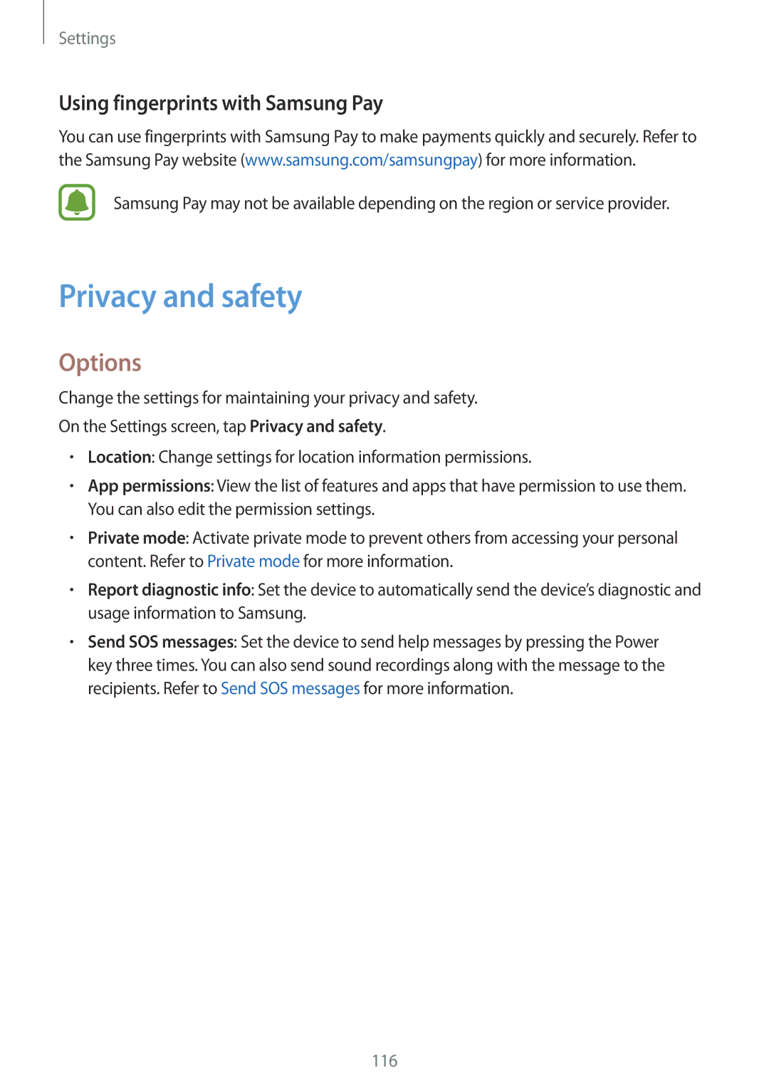 Samsung SM-G920FZKEITV, SM-G920FZKFDBT, SM-G920FZKEDBT manual Privacy and safety, Using fingerprints with Samsung Pay 