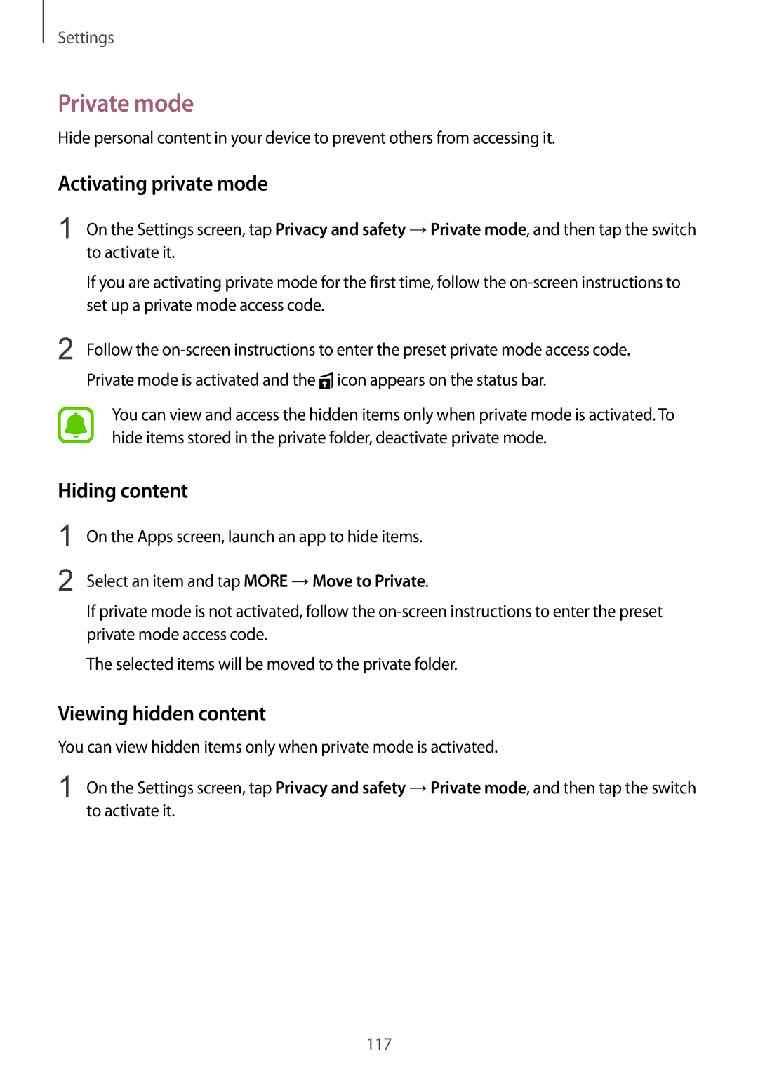 Samsung SM-G920FZKAITV, SM-G920FZKFDBT manual Private mode, Activating private mode, Hiding content, Viewing hidden content 