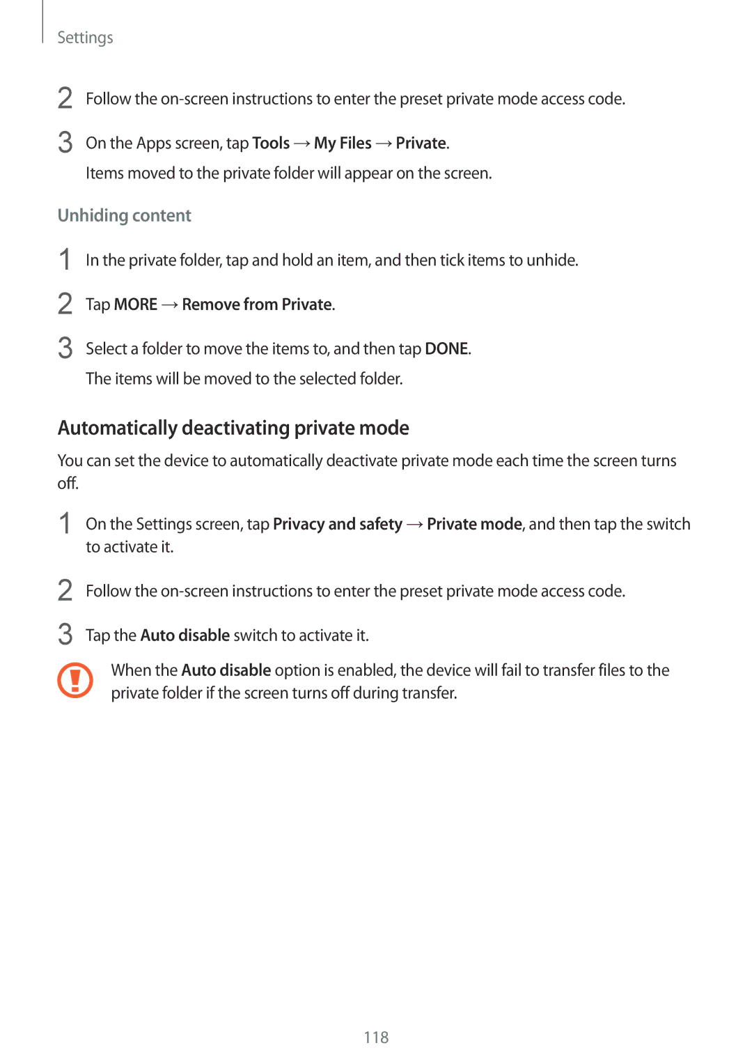 Samsung SM-G920FZWAITV, SM-G920FZKFDBT manual Automatically deactivating private mode, Tap More →Remove from Private 