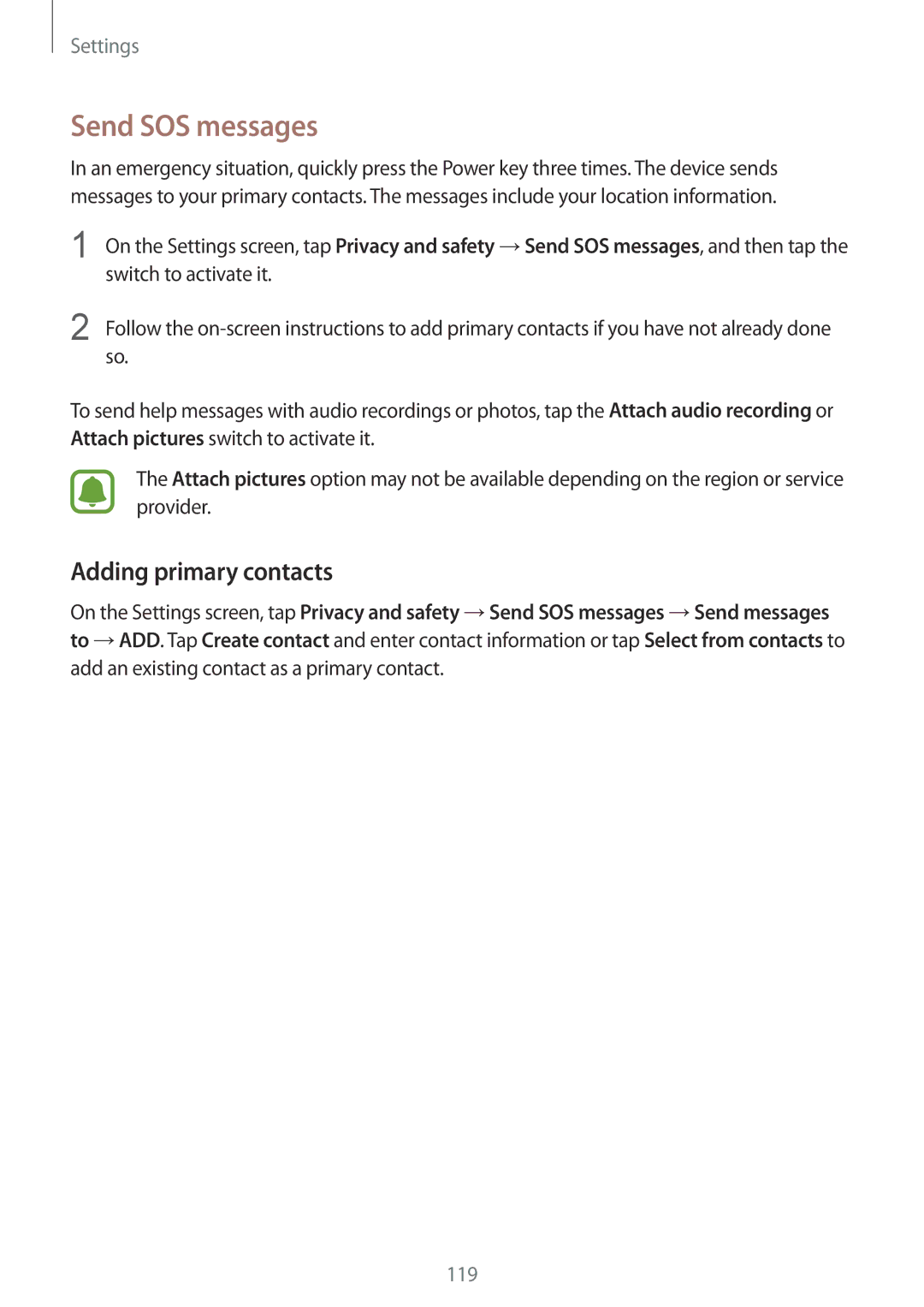 Samsung SM-G920FZDEITV, SM-G920FZKFDBT, SM-G920FZKEDBT, SM-G920FZDEDBT manual Send SOS messages, Adding primary contacts 