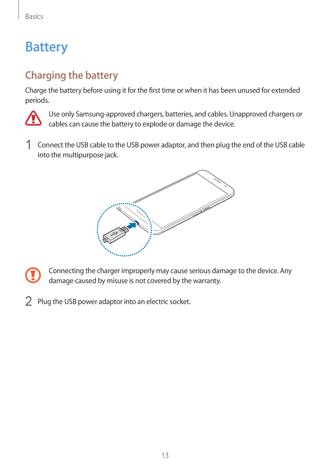 Samsung SM-G920FZBEITV, SM-G920FZKFDBT, SM-G920FZKEDBT, SM-G920FZDEDBT, SM-G920FZBEDBT manual Battery, Charging the battery 