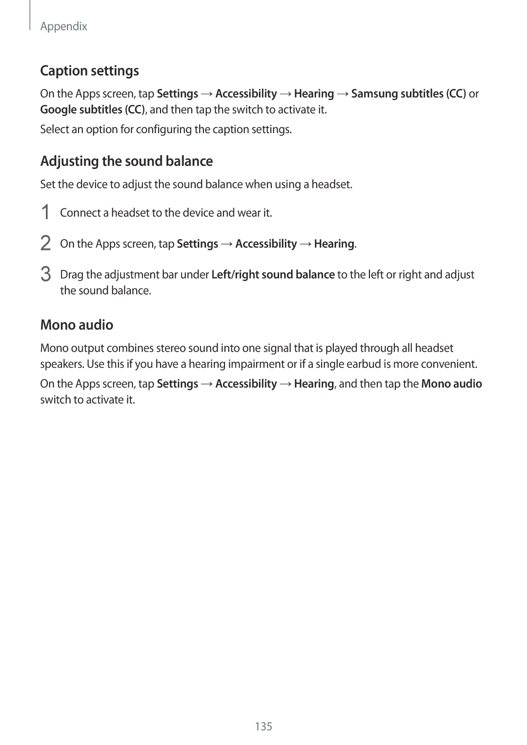 Samsung SM-G920FZKEETL, SM-G920FZKFDBT, SM-G920FZKEDBT manual Caption settings, Adjusting the sound balance, Mono audio 