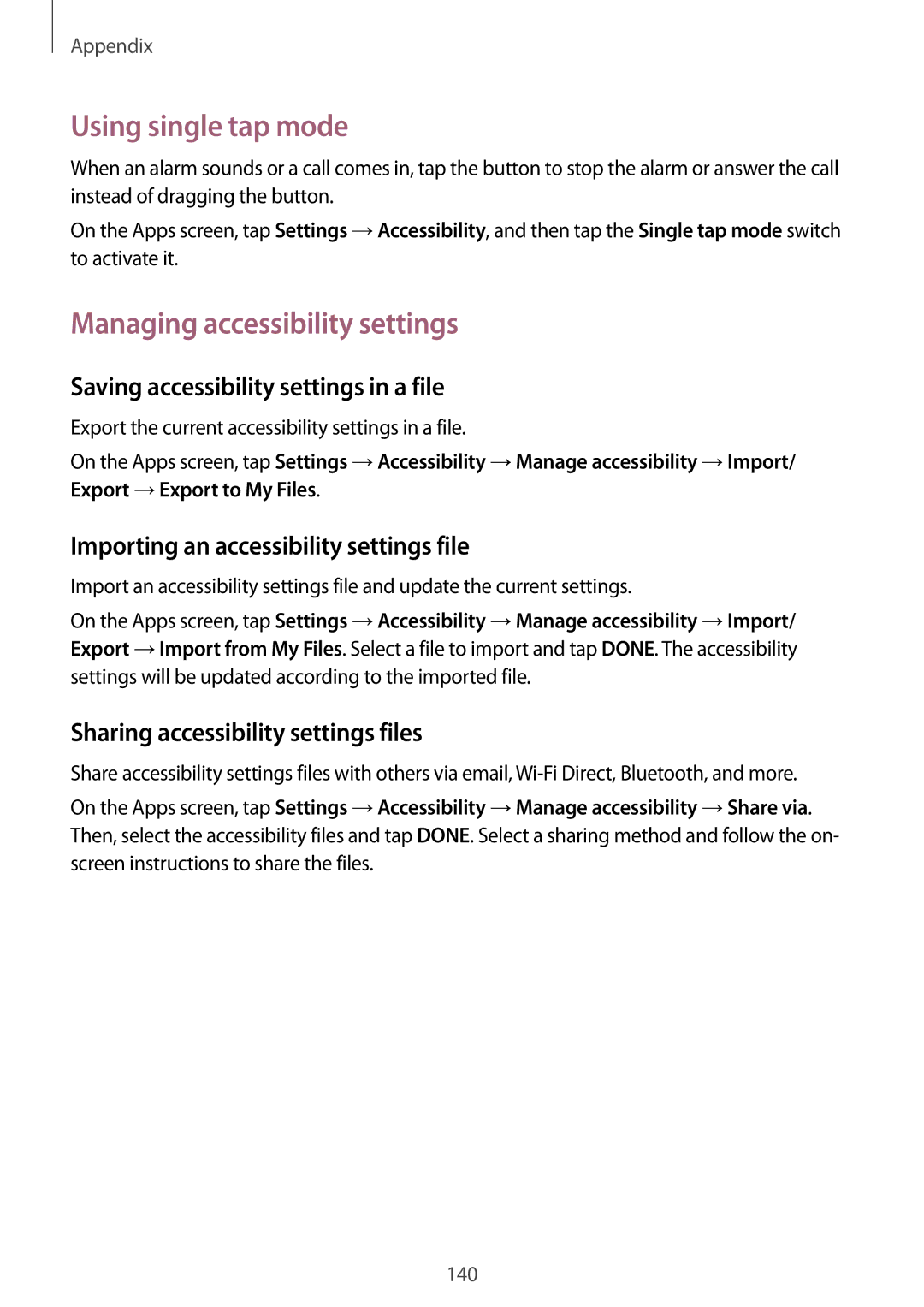 Samsung SM-G920FZKANEE Using single tap mode, Managing accessibility settings, Saving accessibility settings in a file 